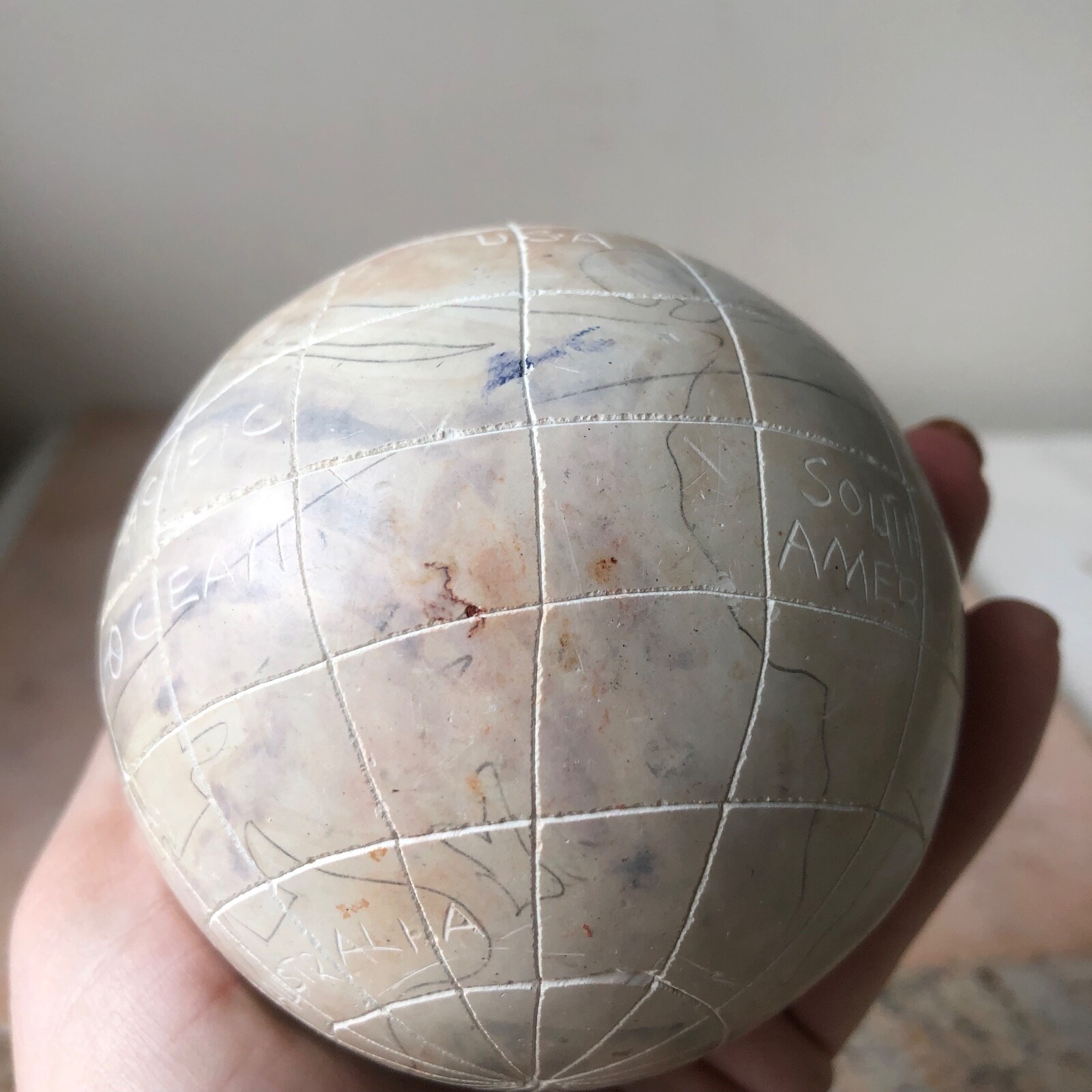Unique Vintage Carved and Handpainted Stone Globe / World Map