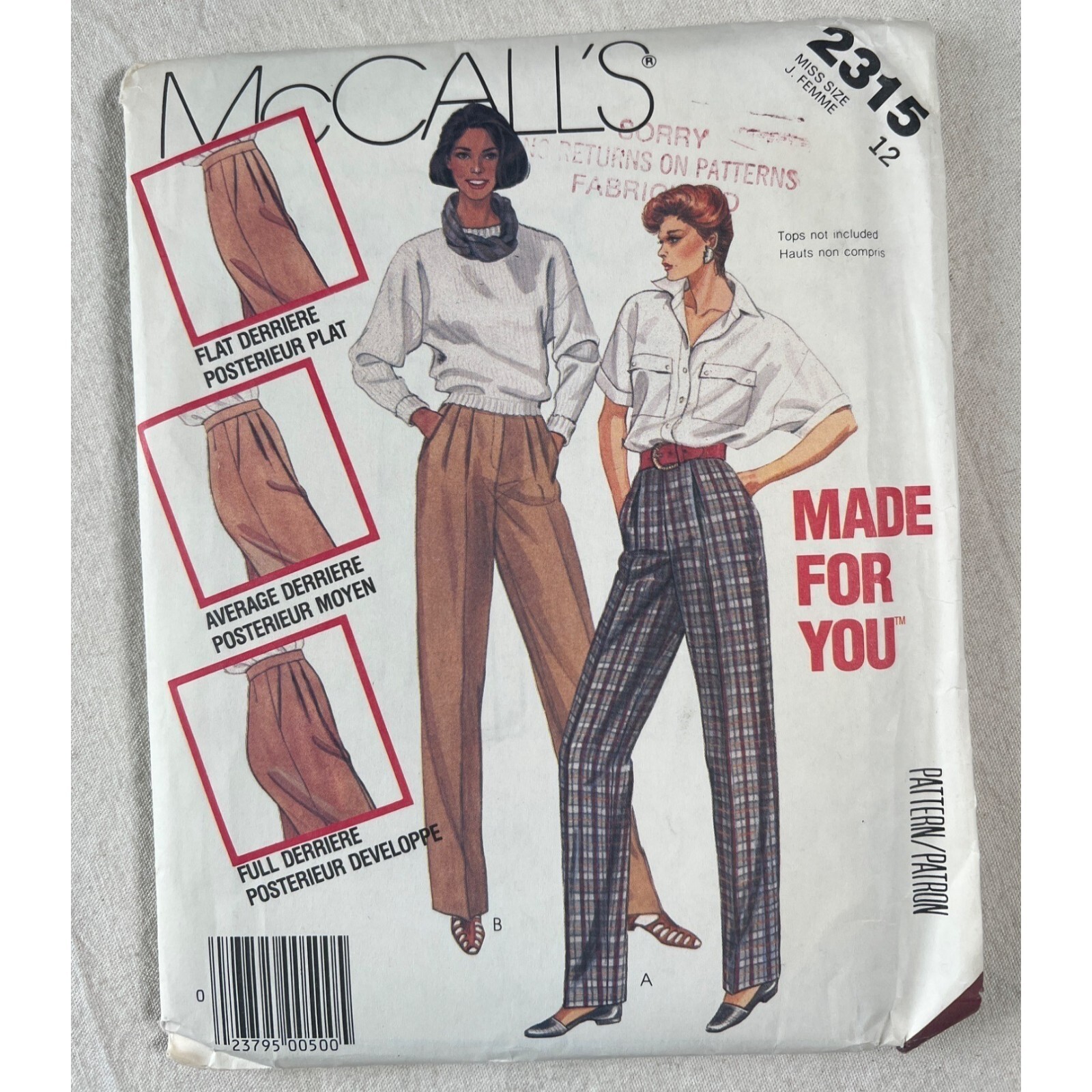 2315 McCalls Sewing Pattern 80s High Rise French Derriere Pleated Pant Size 12