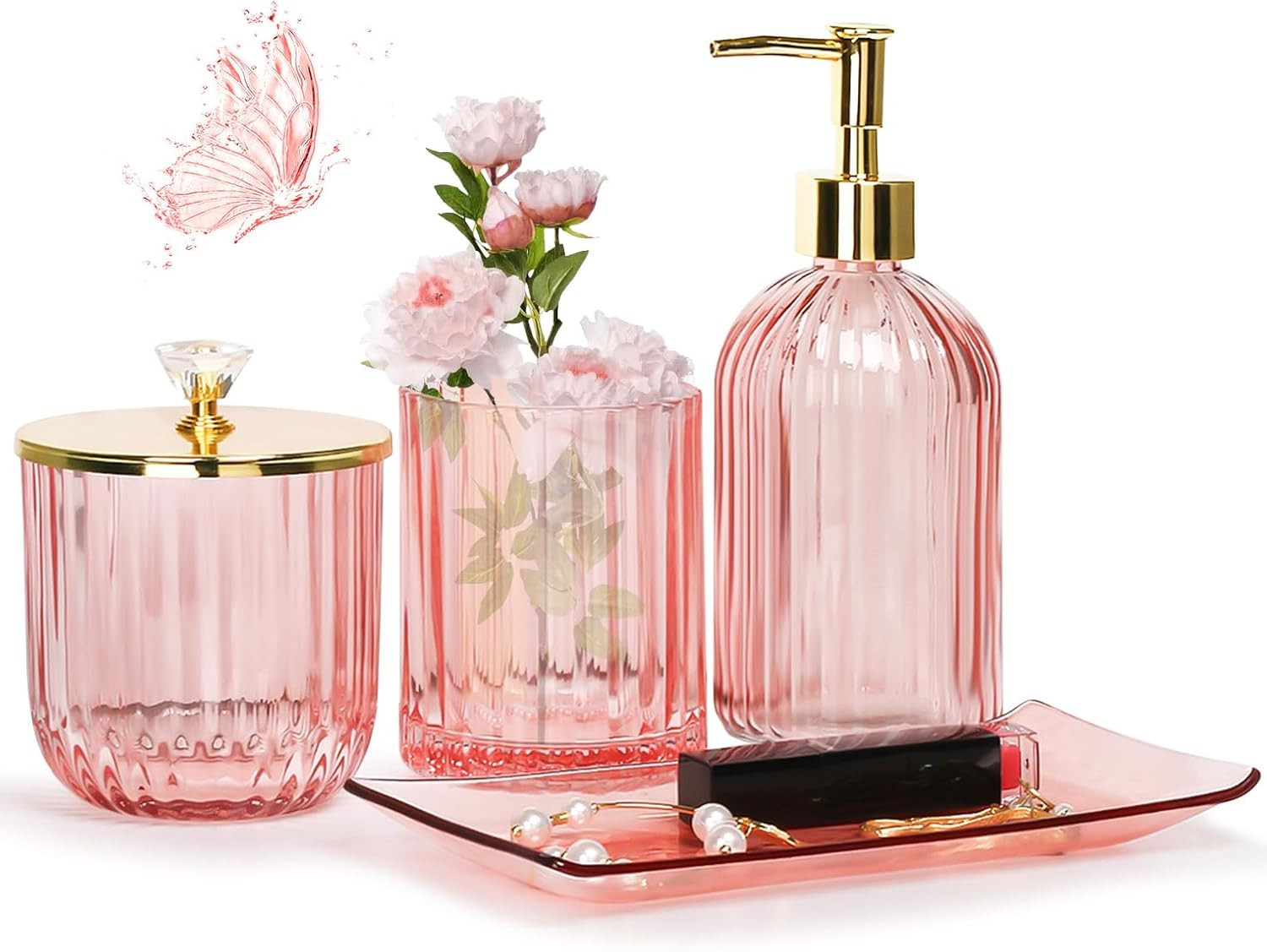 Elegant Pink Glass Bathroom Accessories Set - 4 Piece Home Essentials