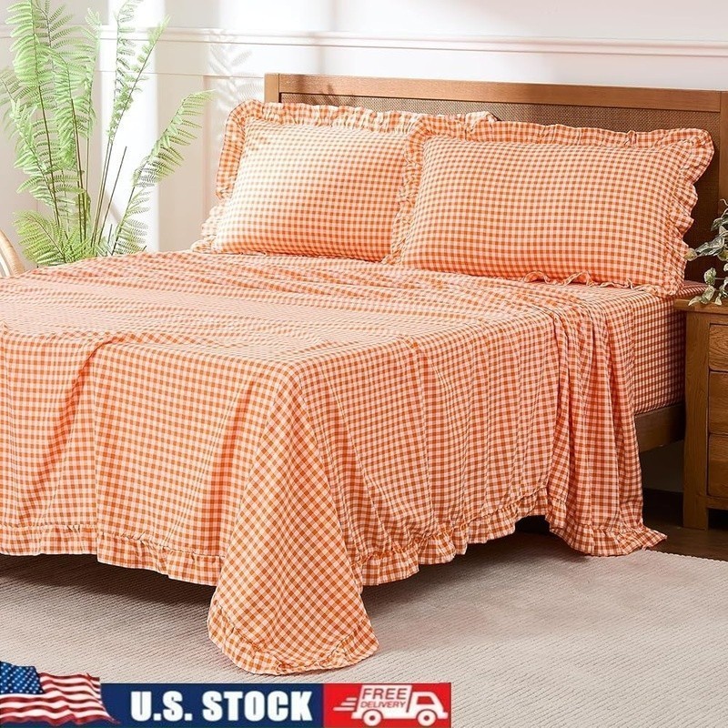 Gingham Ruffle Microfiber Full Sheet Set Deep Pocket Wrinkle Resistant Bedding