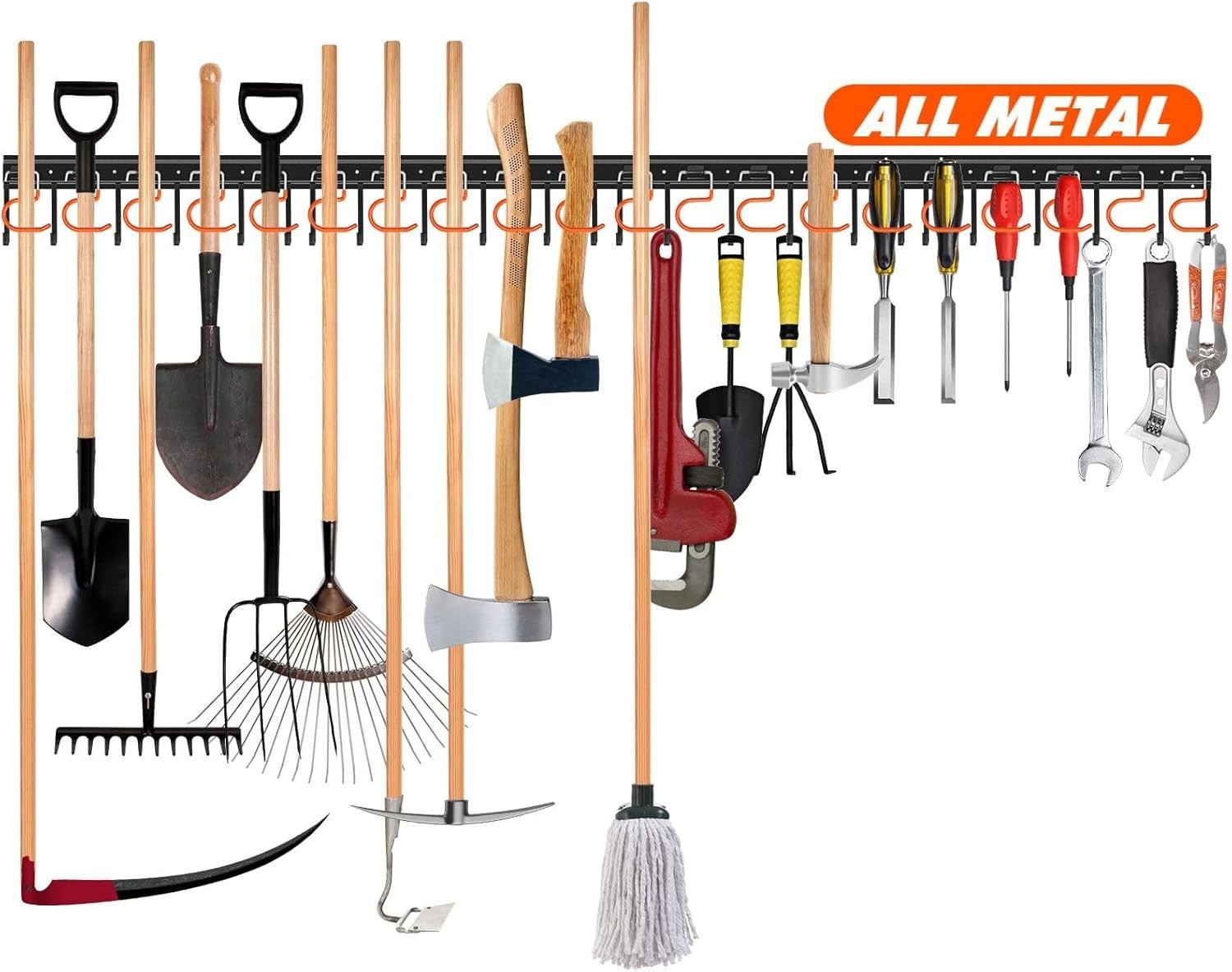 68" All Metal Garden Tool Organizer - Adjustable Wall Mount Storage Solution