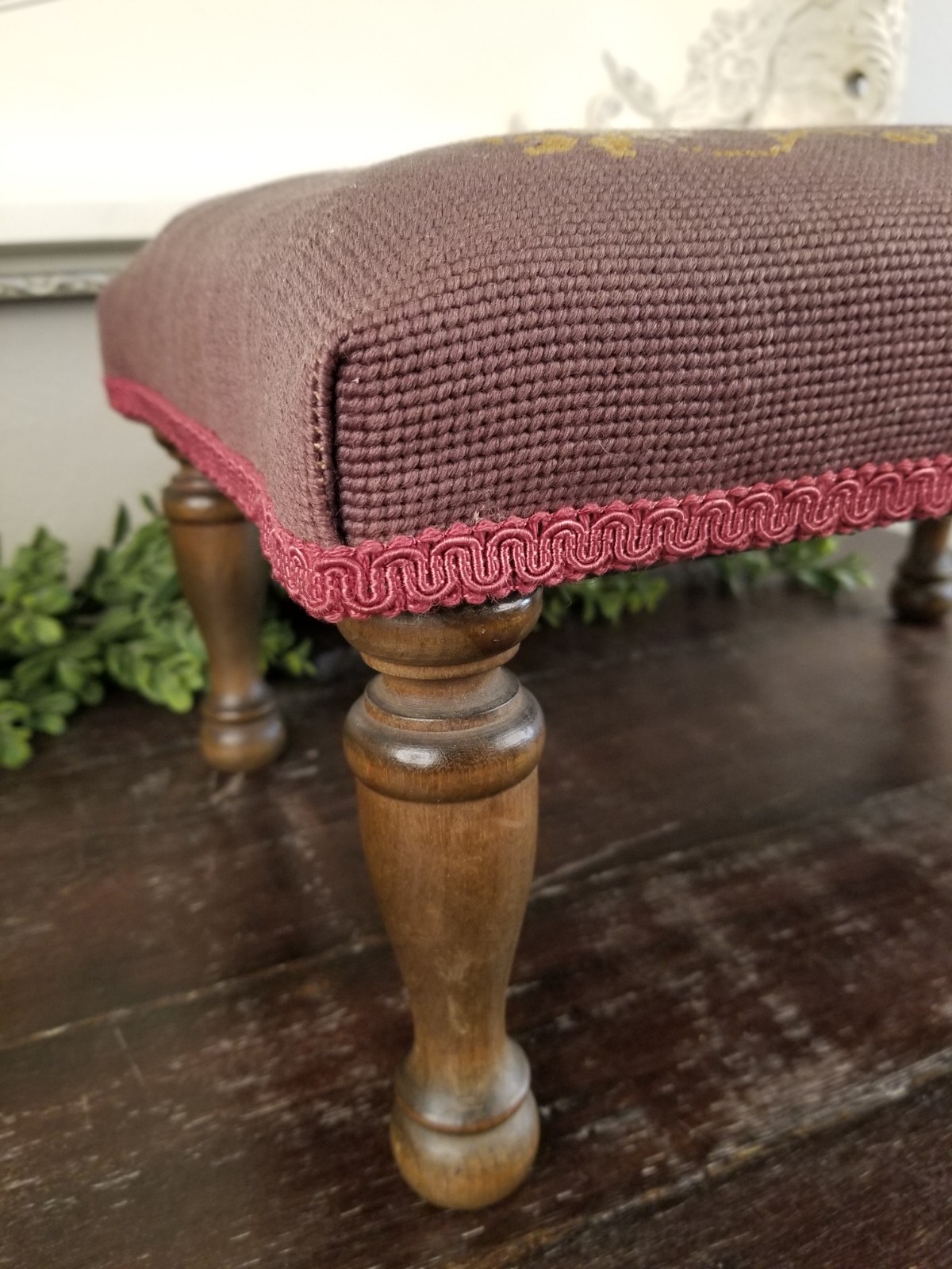 Antique Early 1900's Floral & Rose Needlepoint Wooden Footstool in Deep Mauve
