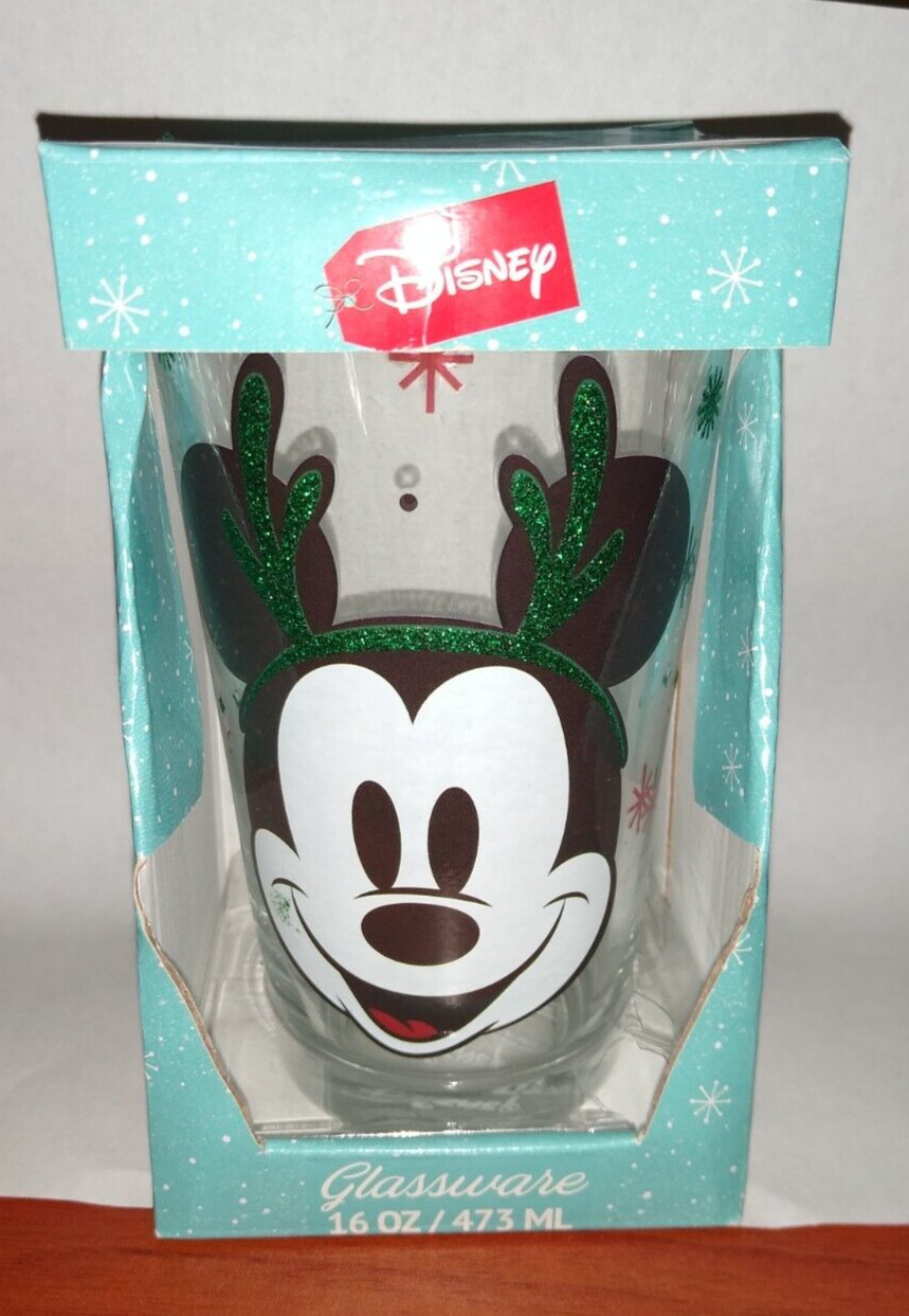 Disney Mickey Mouse Antlers Christmas Holiday Cup Winter 16 oz. Glassware Glass