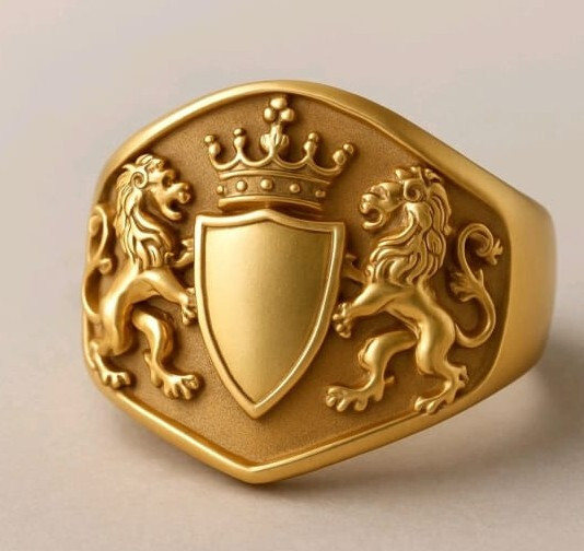 Gold Lion Crest Signet Ring Crown Shield Stainless Steel Men’s Vintage Biker Jew