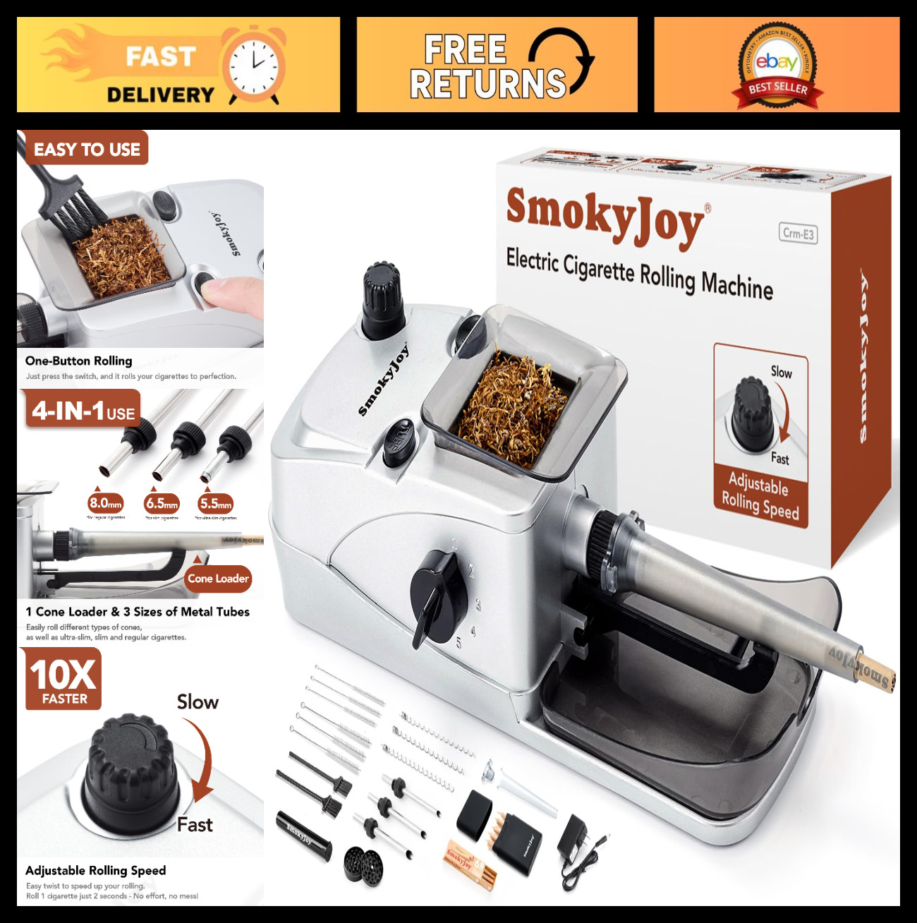 Electric Cigarette Rolling Machine - Automatic Pre-Roll Cone Loader & Grinder, S