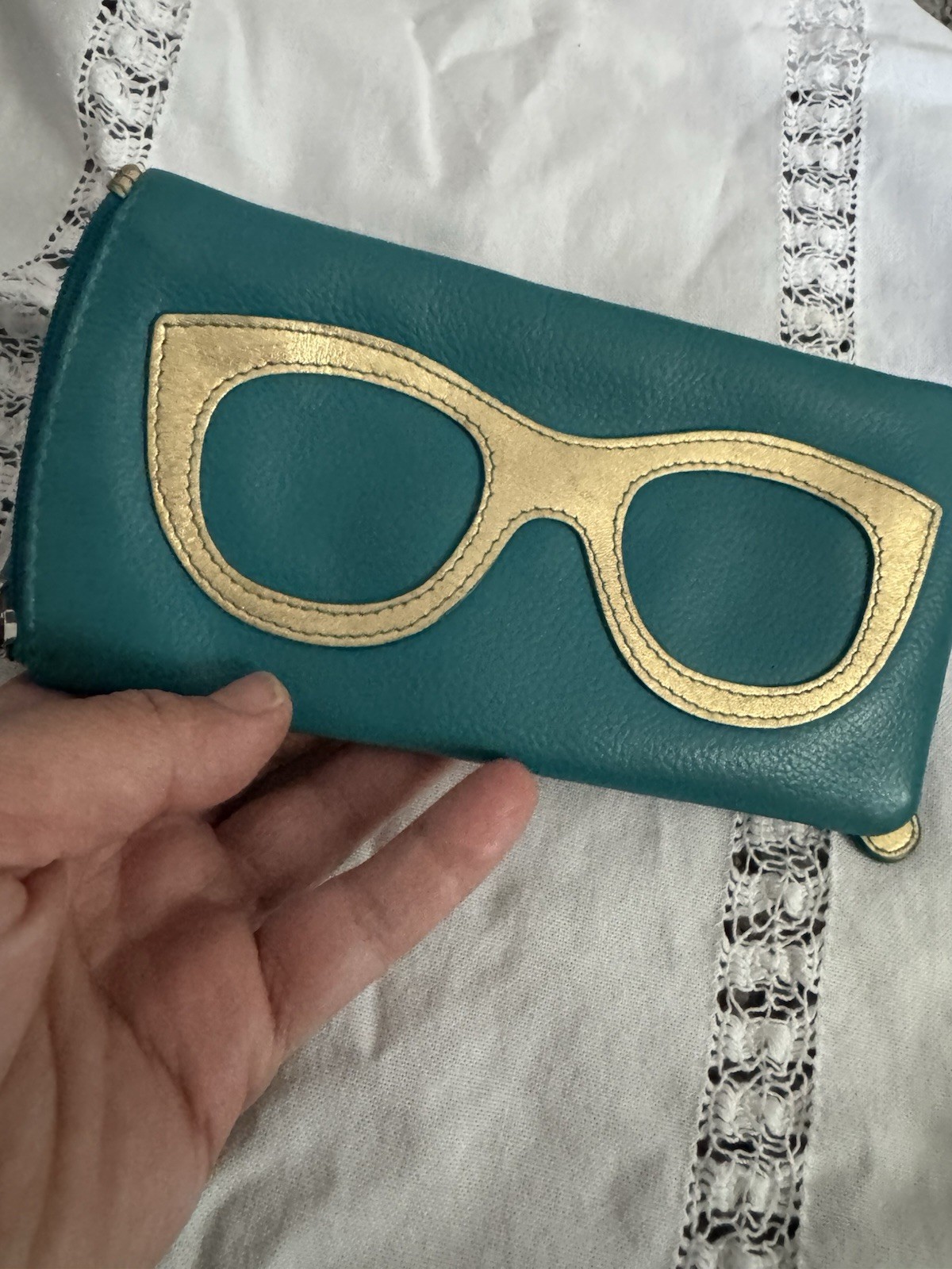 iLi New York Leather Zip Eyeglass Case With Frame Graphic Gold Turquoise