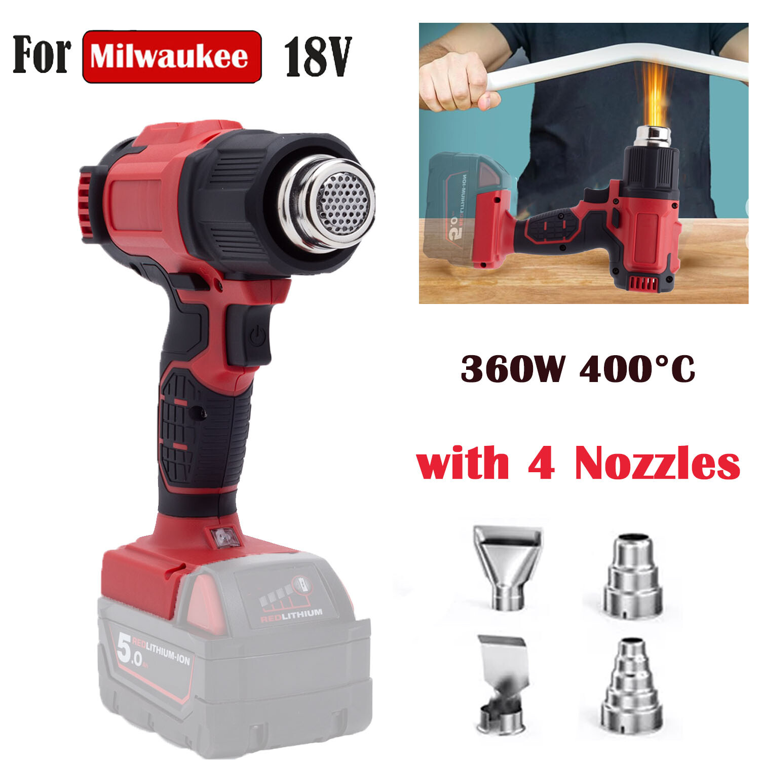 Cordless Heat Gun for Milwaukee 18V Battery 752°F Fast Heating w/4 Nozzles 360W
