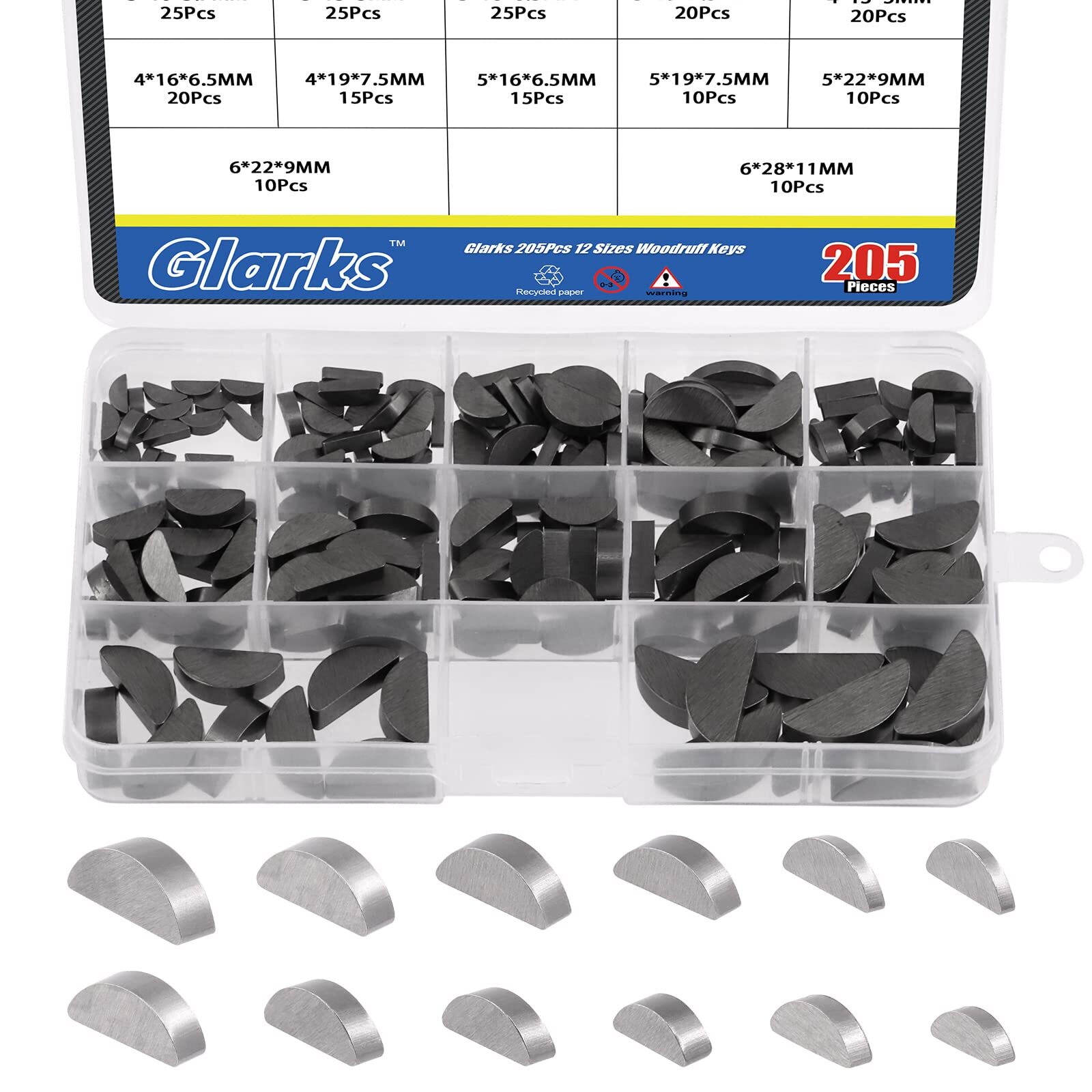 Woodruff Keys Set 205PCS 12 Size Carbon Steel Metric Semi-Circular Fastener