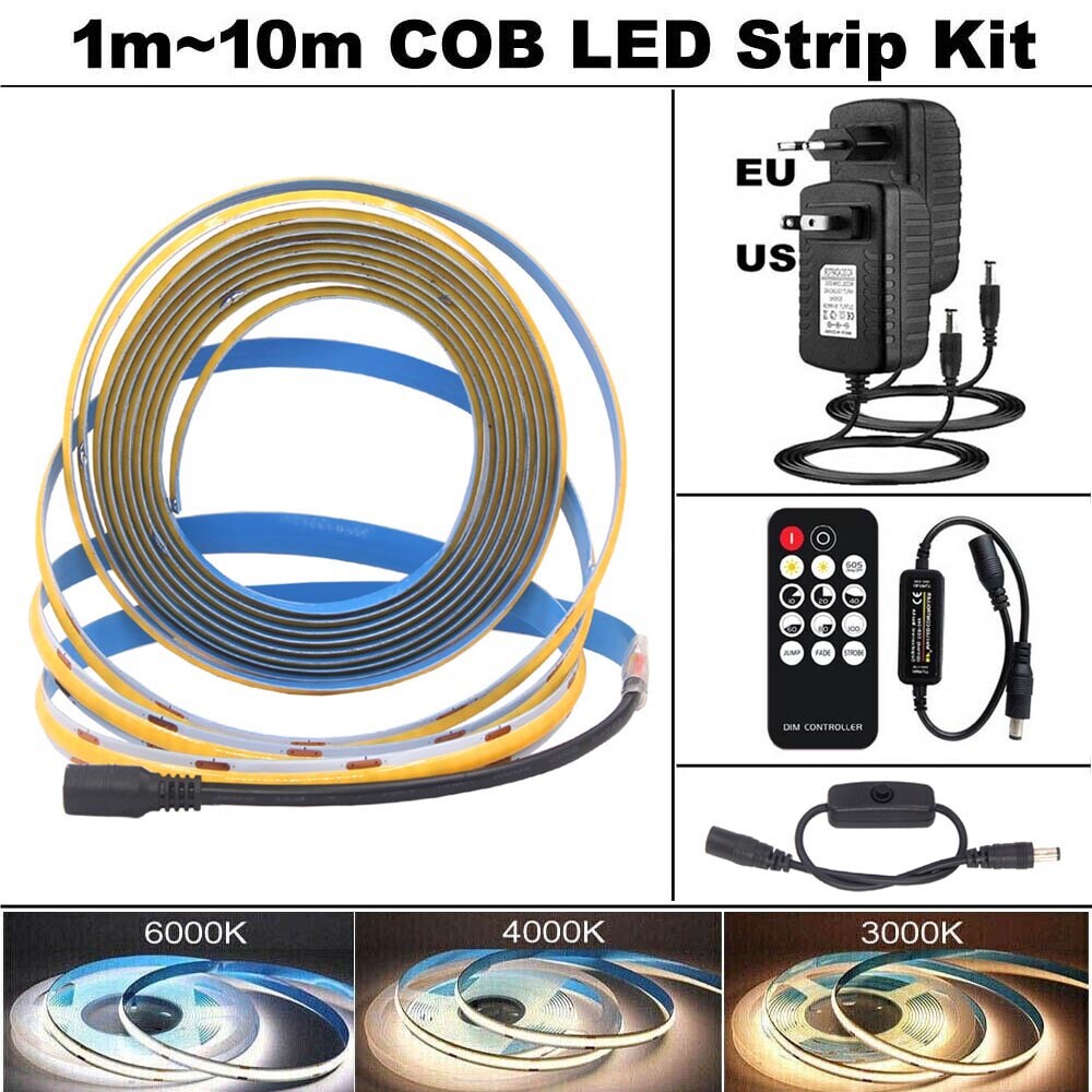 1m~10m COB LED Strip Light Kit Dimmable Tape Cabinet Kitchen Home Decoration 24V