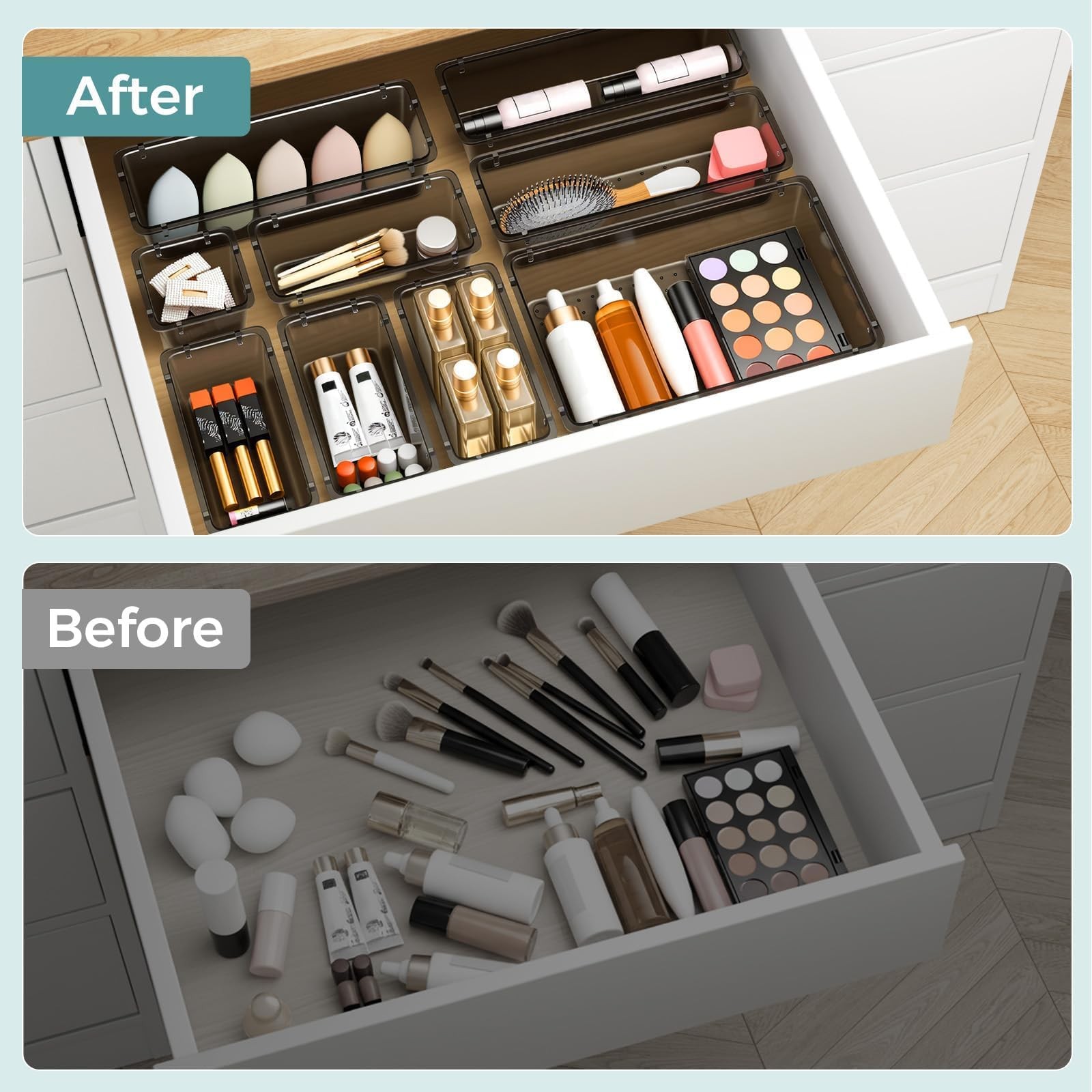 Clear Plastic Drawer Organizer 44 PCS - 4 Sizes for Makeup, Jewelry, Office