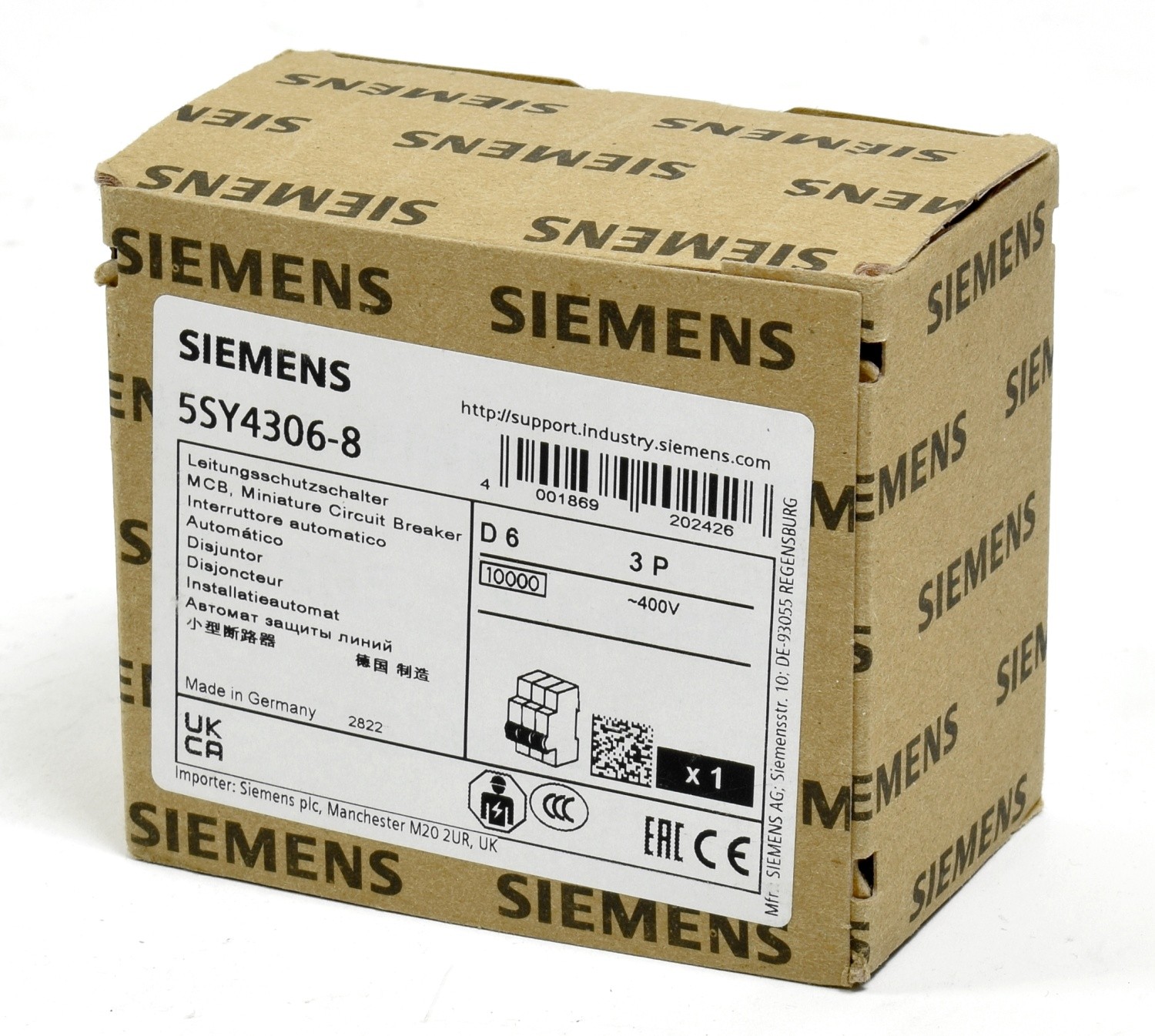 Siemens Circuit Breaker 400V 10kA, 3 Pole, D6, 5SY4306-8