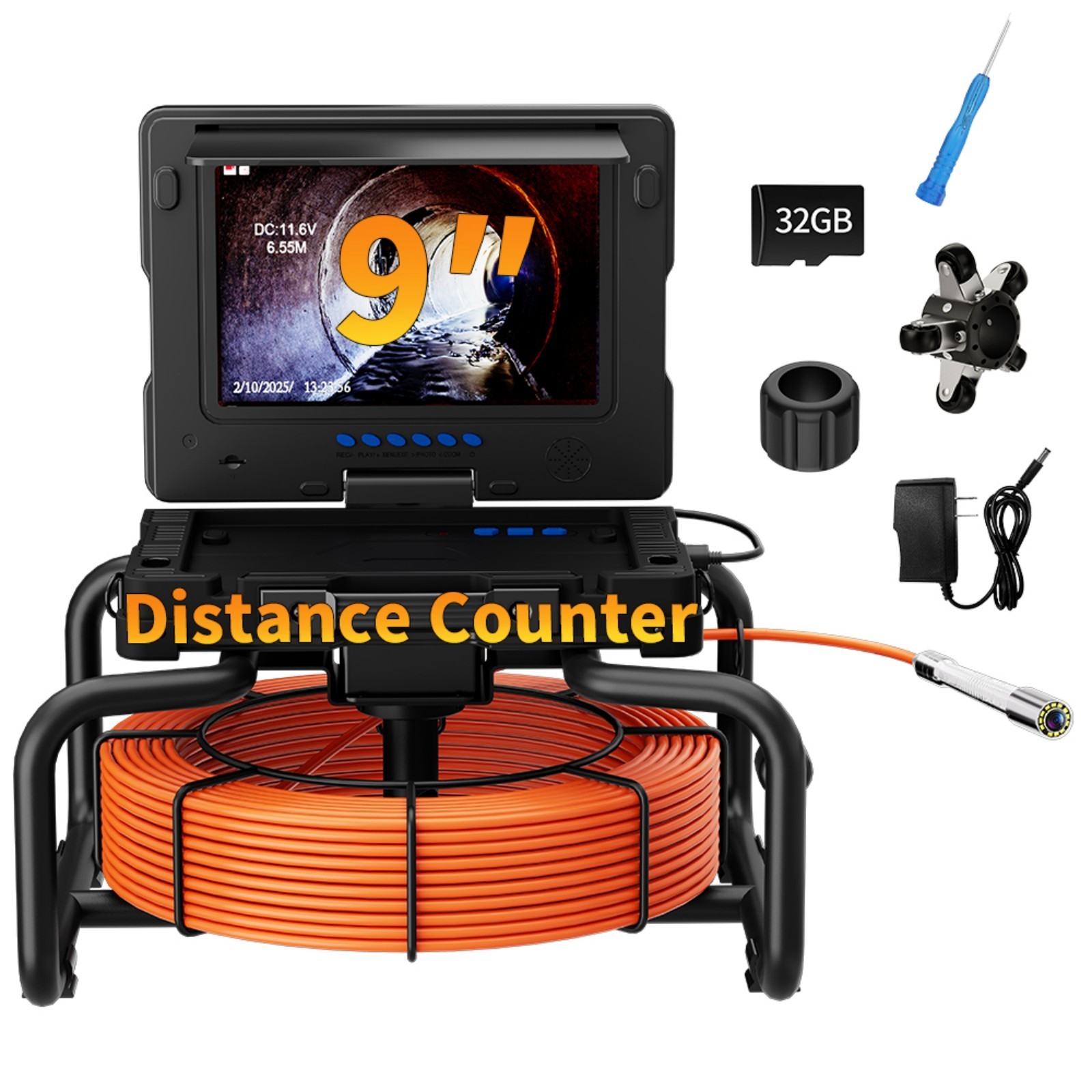 9" Pipe Inspection Camera 7mm Diameter 23MM 512HZ Self-leveling Meter Counter