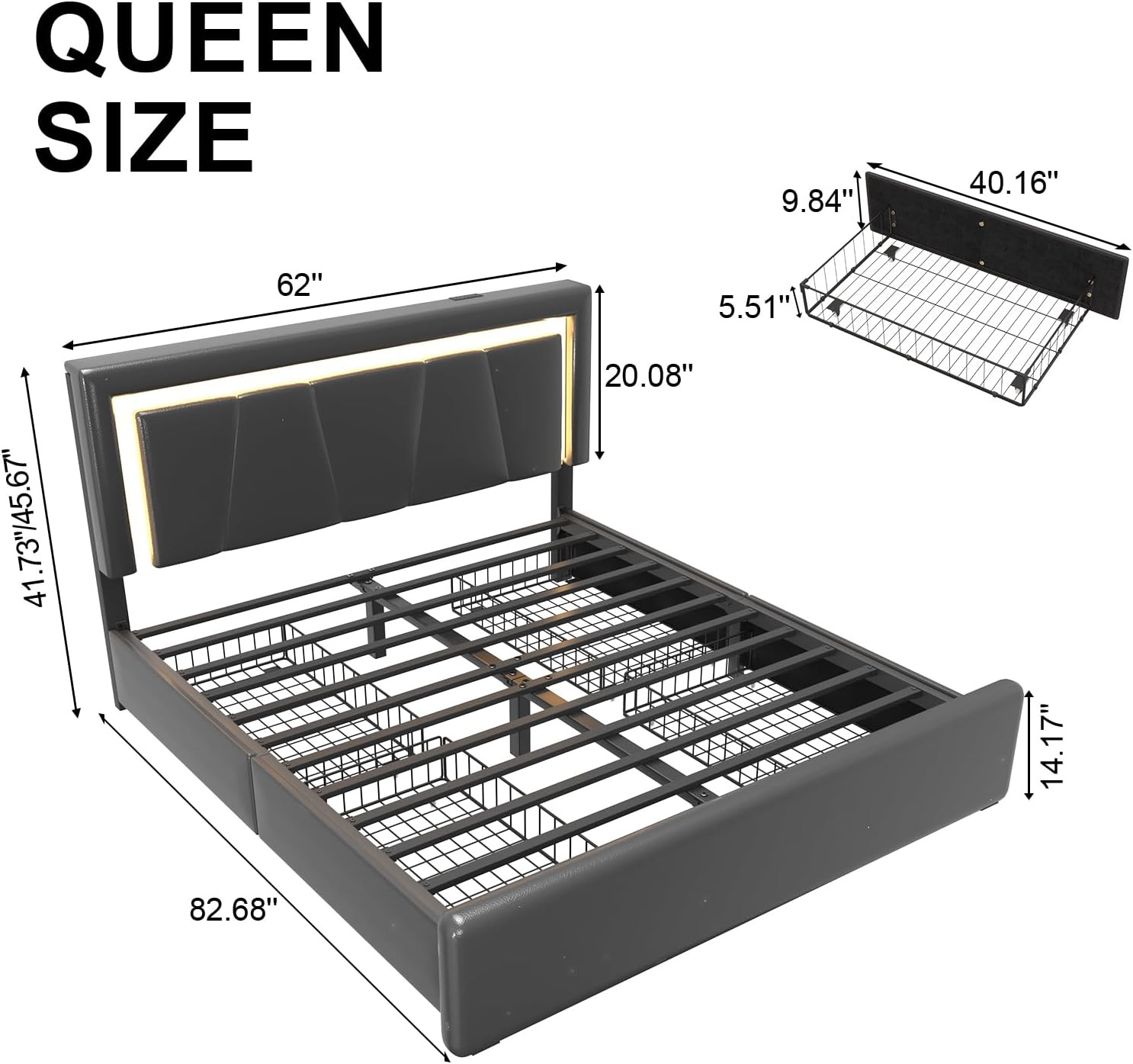 Queen Size Bed Frame with 4 Storage Drawers and LED Light, Upholstered Platform