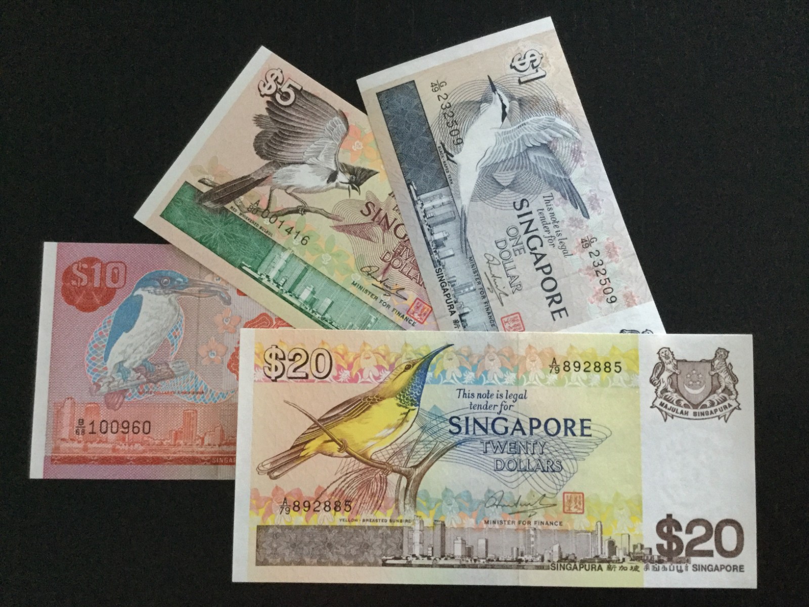 Singapore set 1 5 10 20 Dollars (1976-1979) UNC P-9 10 11 12 Bird series