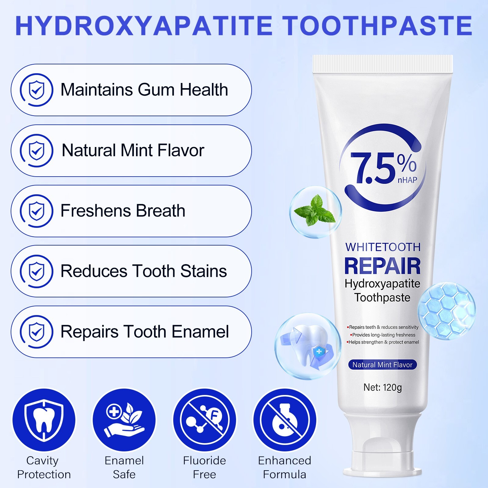 2x 7.5% Hydroxyapatite Toothpaste Remove Yellow Tooth Stains For Sensitive Teeth