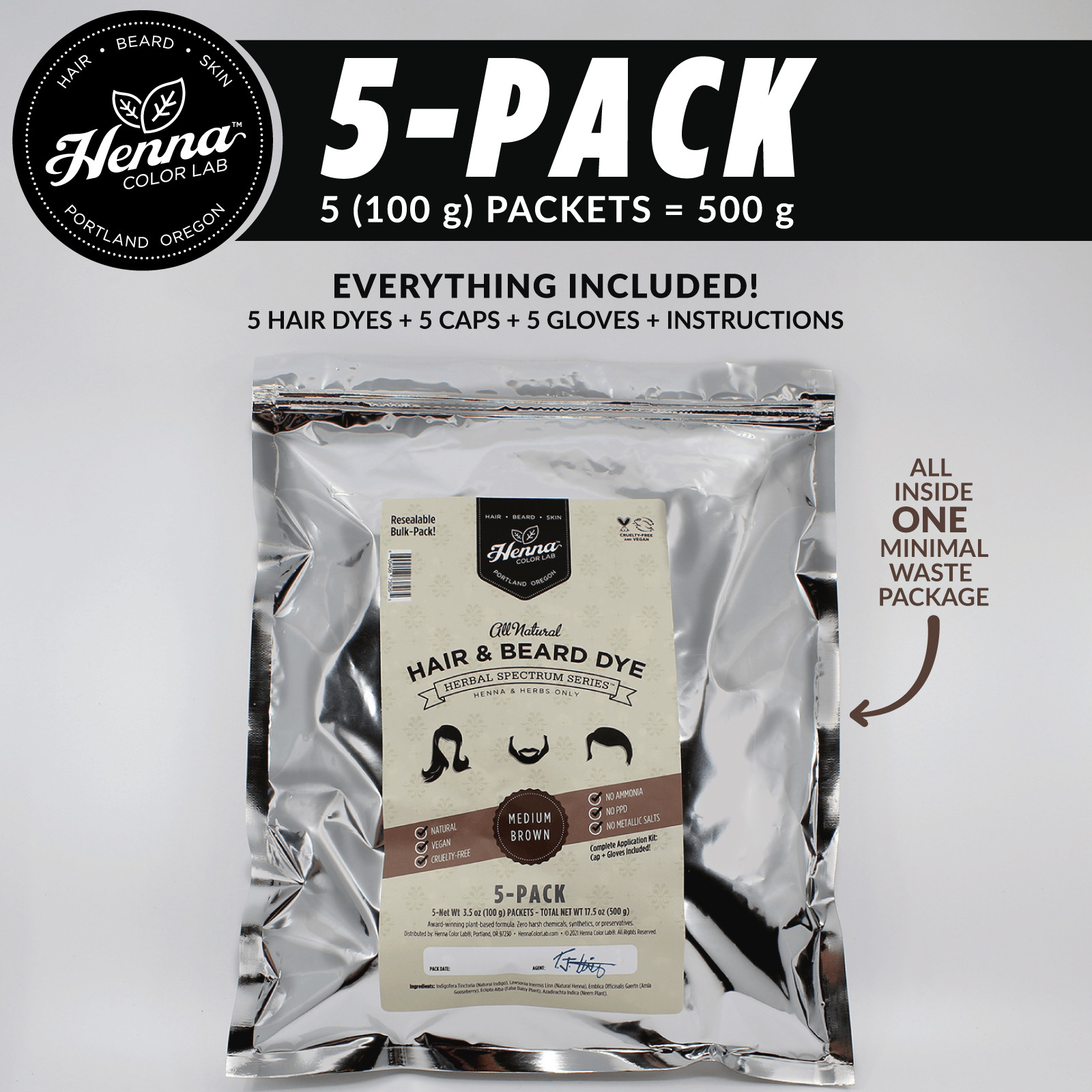 PACK OF 5 Medium Brown Henna Hair & Beard Dye | 100% Natural | Henna Color Lab