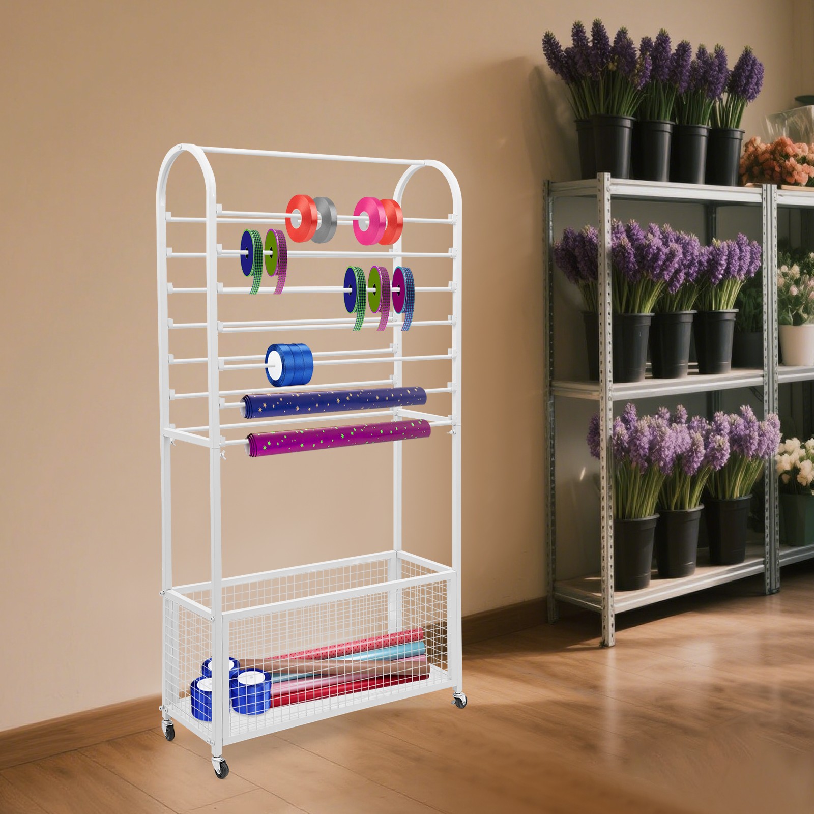 Double-Sided Ribbon Holder, White Ribbon Organizer, Ribbon Storage Display Rack