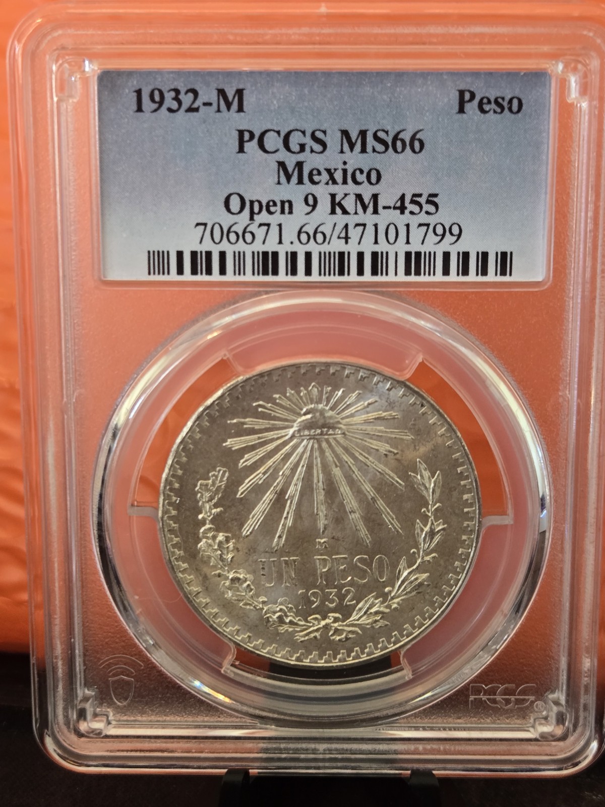 1932M Silver Mexico Peso KM455 PCGS MS66 Open 9
