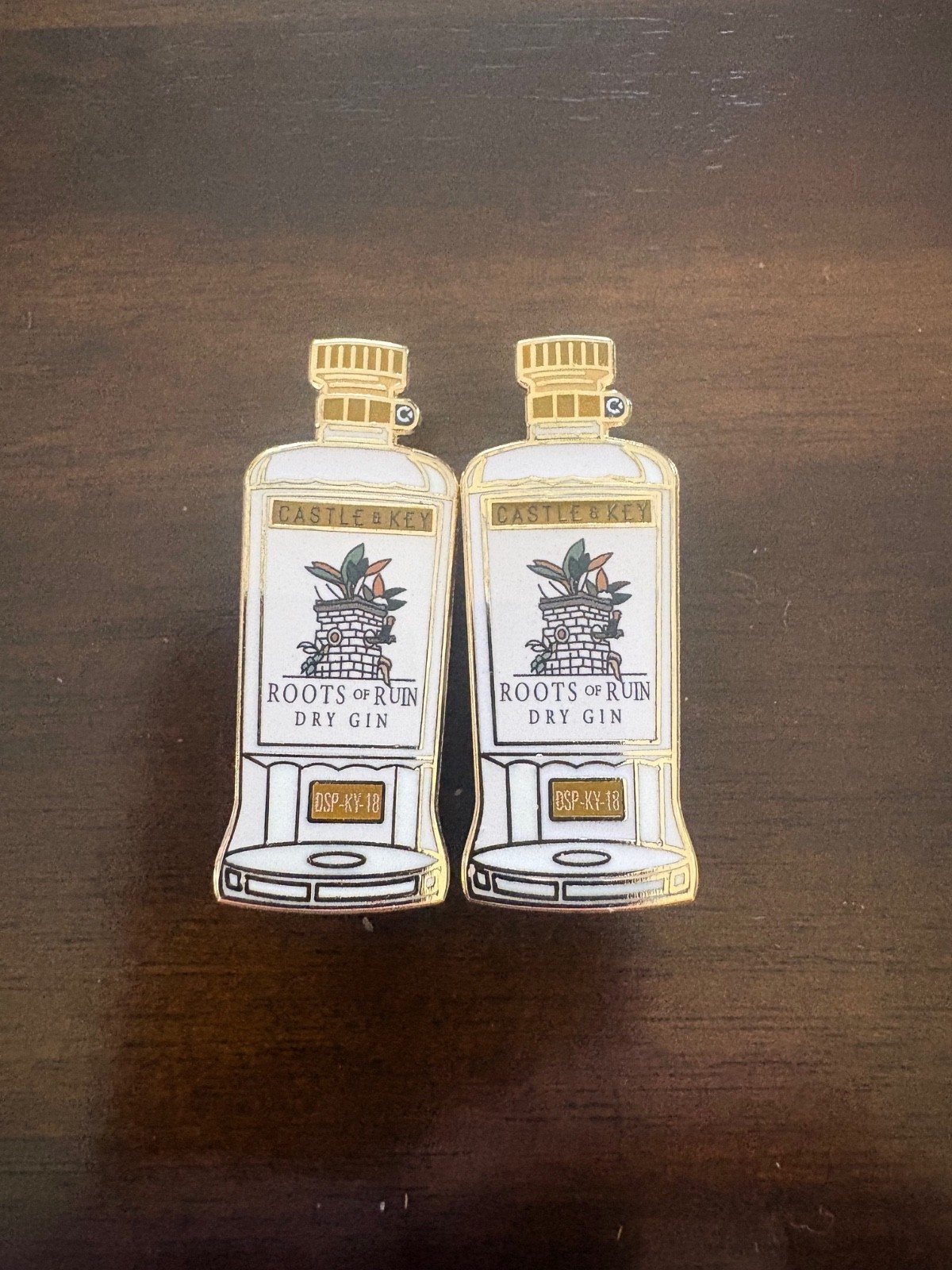 2 Castle & Key Gin Bottle Lapel Pins - Roots of Ruin Dry Gin - New!