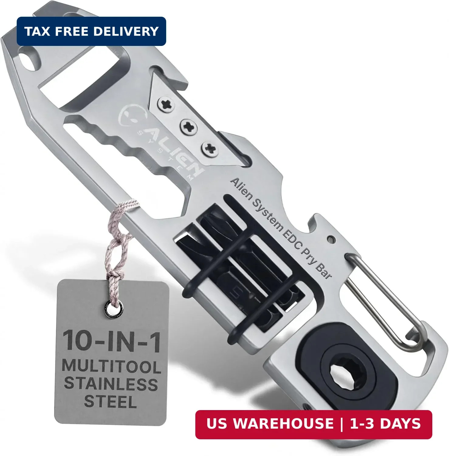 EDC Pry Bar Multitool - 10-in-1 Everyday Carry Pocket Tool & Carabiner | Include