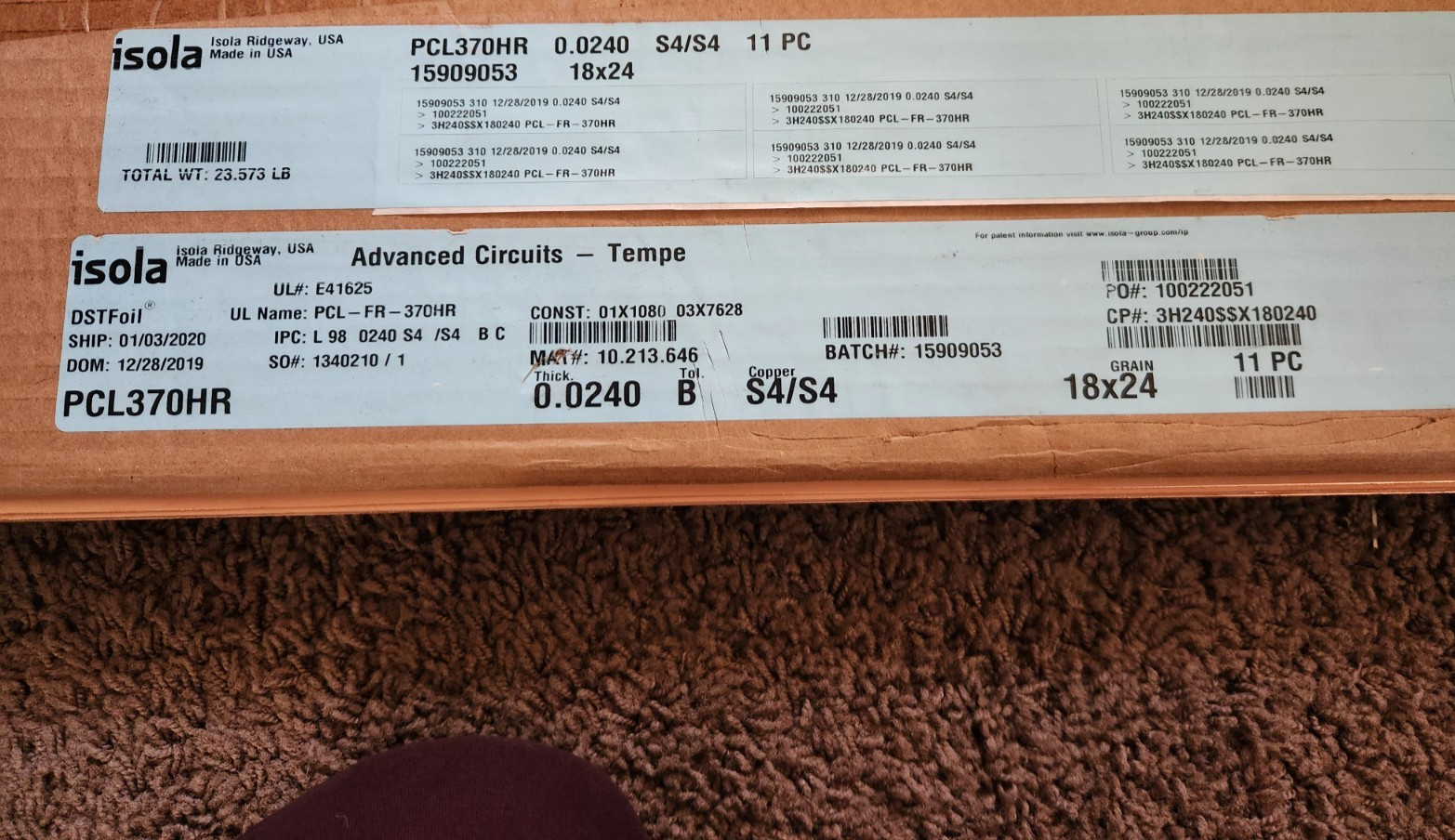 ISOLA Copper Clad Laminate PCL370HR DSTFOIL 0.0240 18x24" 0.0100" 11qty New