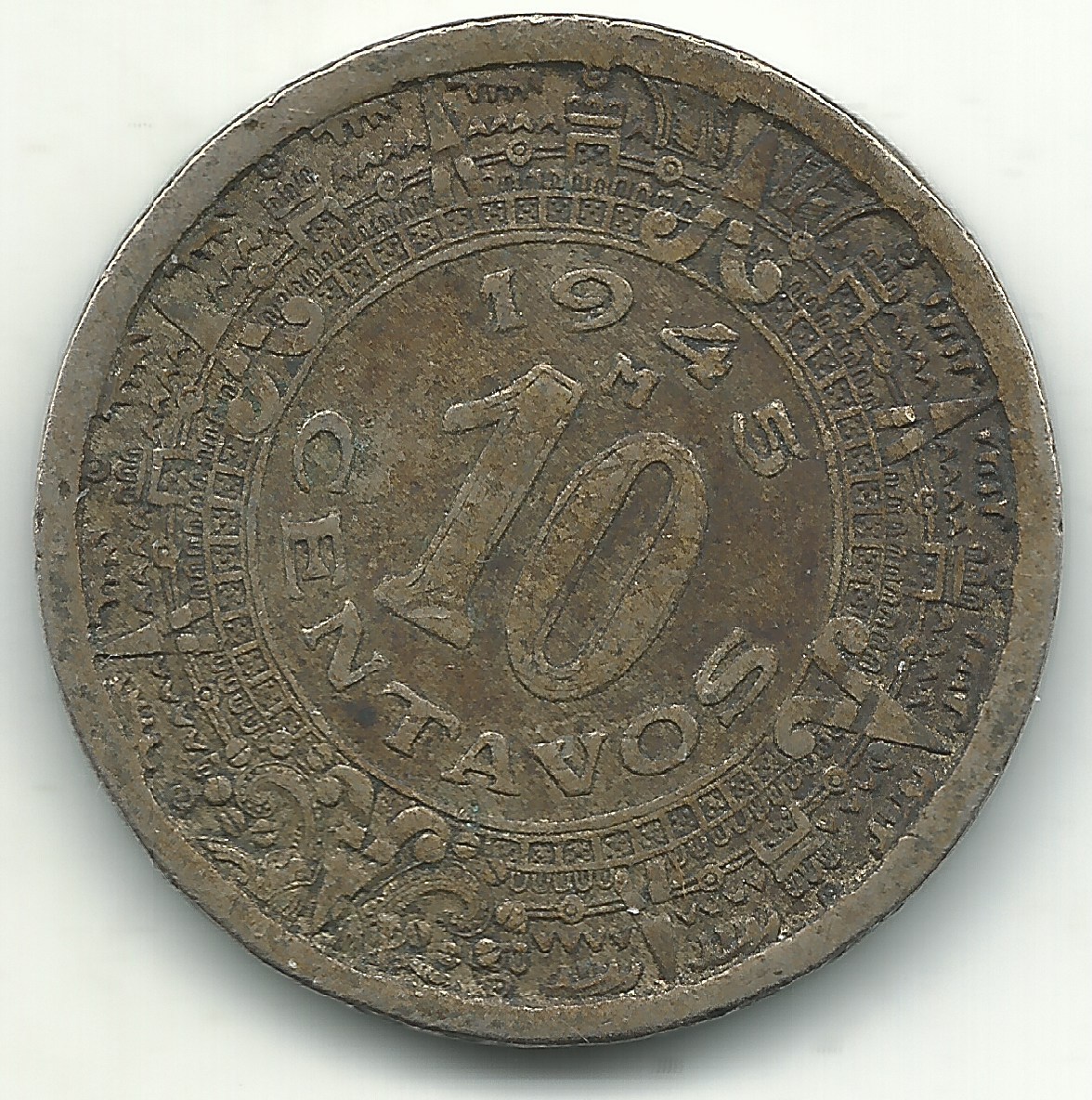 VERY FINE VF 1945 MEXICAN MEXICO 10 CENTAVOS-AZTEC CALENDAR-AGT143