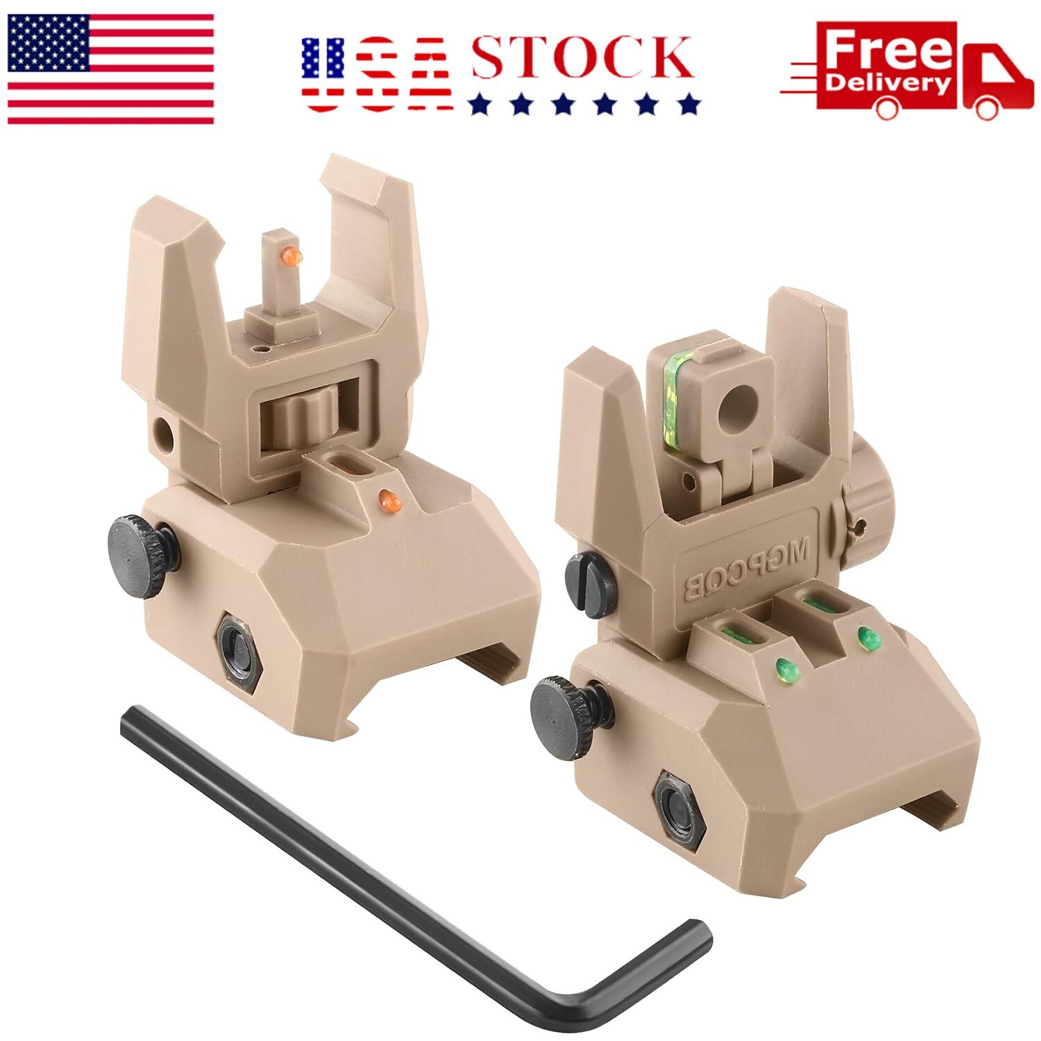 Foldable Iron Sights Flip-up Front and Rear Sight Fiber Optics Dual Aiming Tan