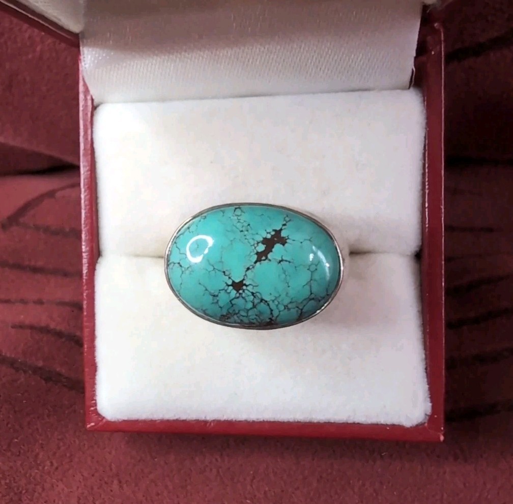 Statement Turquoise 925 Sterling Silver Dome Style Band Size 9