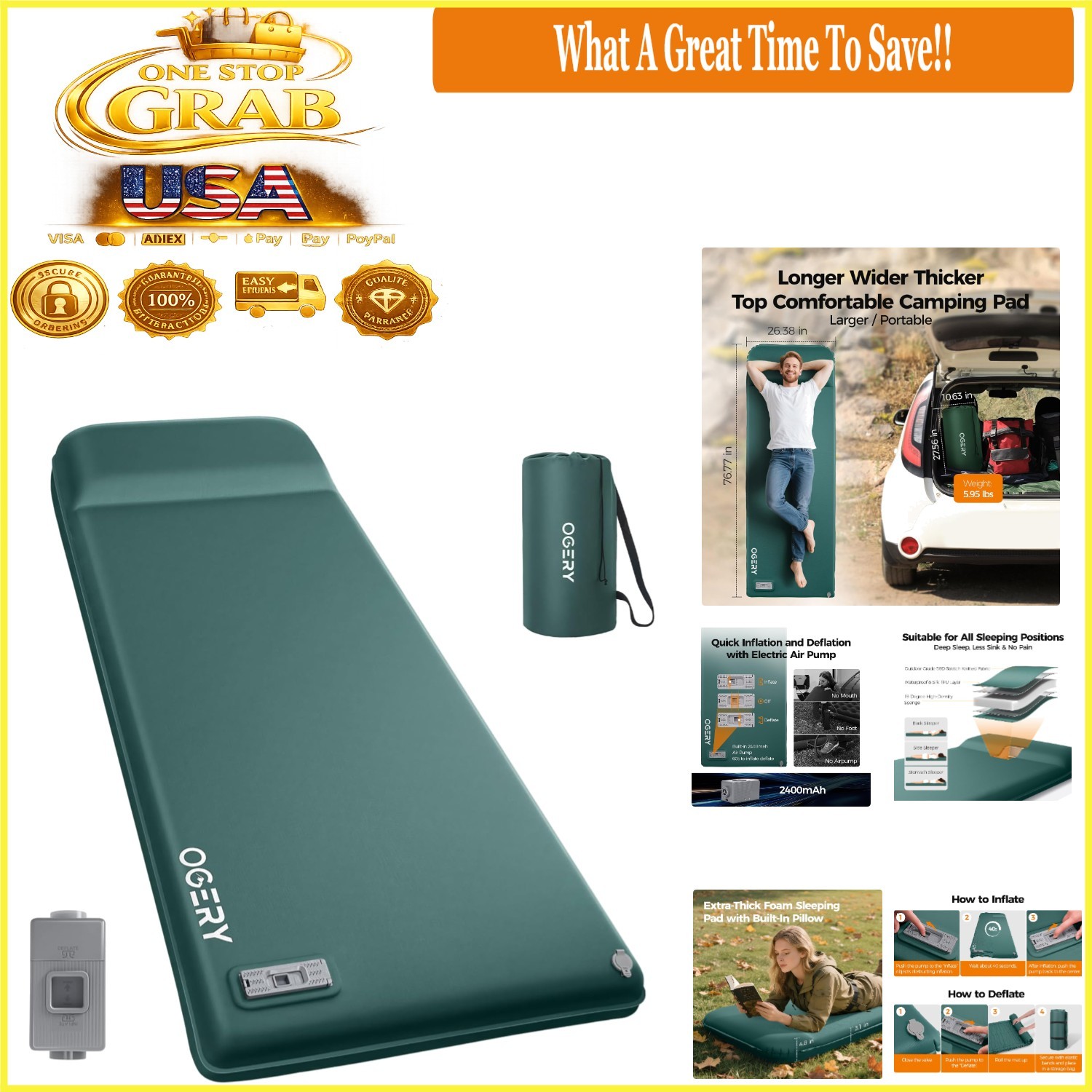 Self Inflating Camping Mattress with Electric Pump 3.15" Memory Foam Green