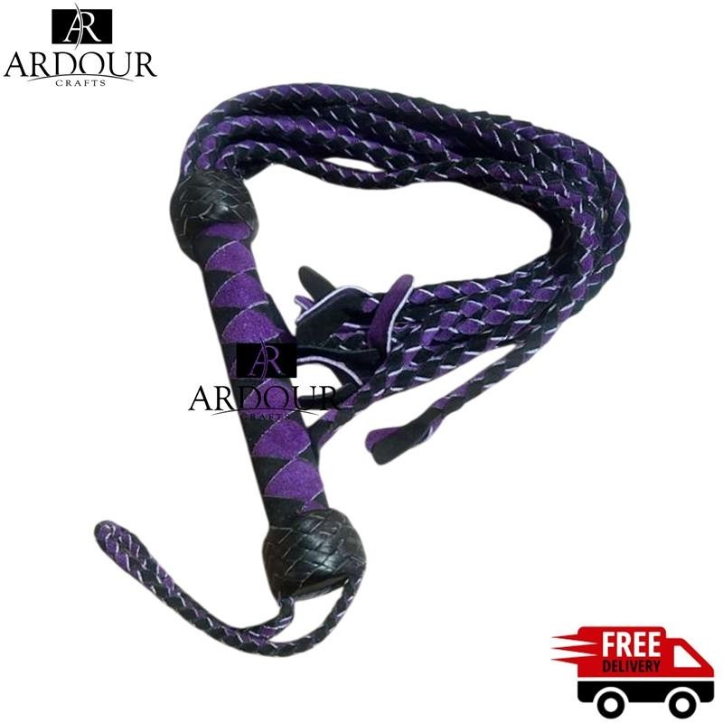 Real Leather Braided 9-Strand Flogger – Purple & Black Handmade Stage & Costume