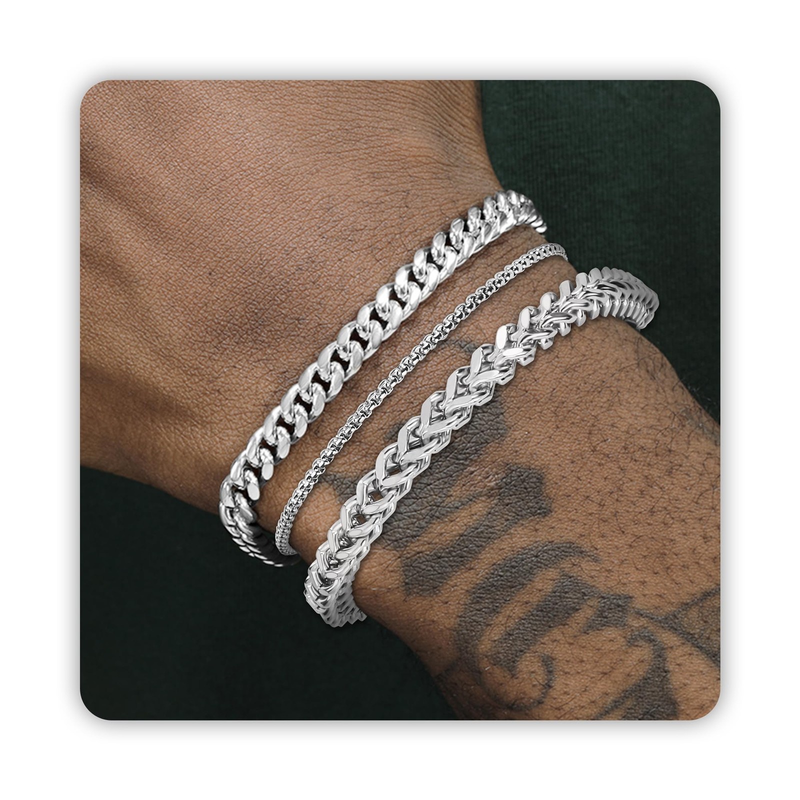 DAYANEY Mens Bracelet 9.0 Inches 7.8+1.2inches, Silver Cuban, Box & Franco
