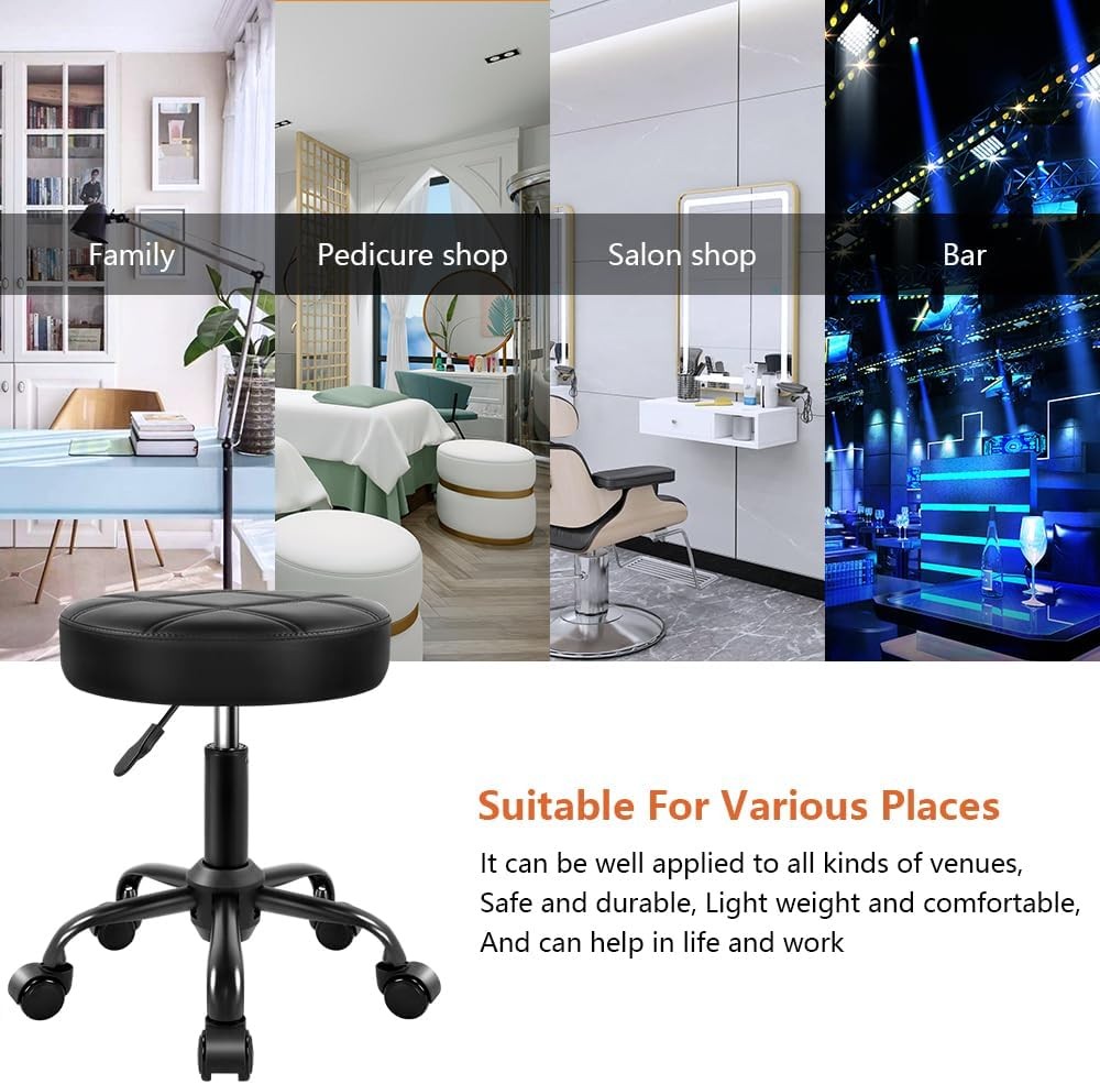 Rolling Stool Chair PU Leather Height Adjustable Round Stool W/ Wheels Chair