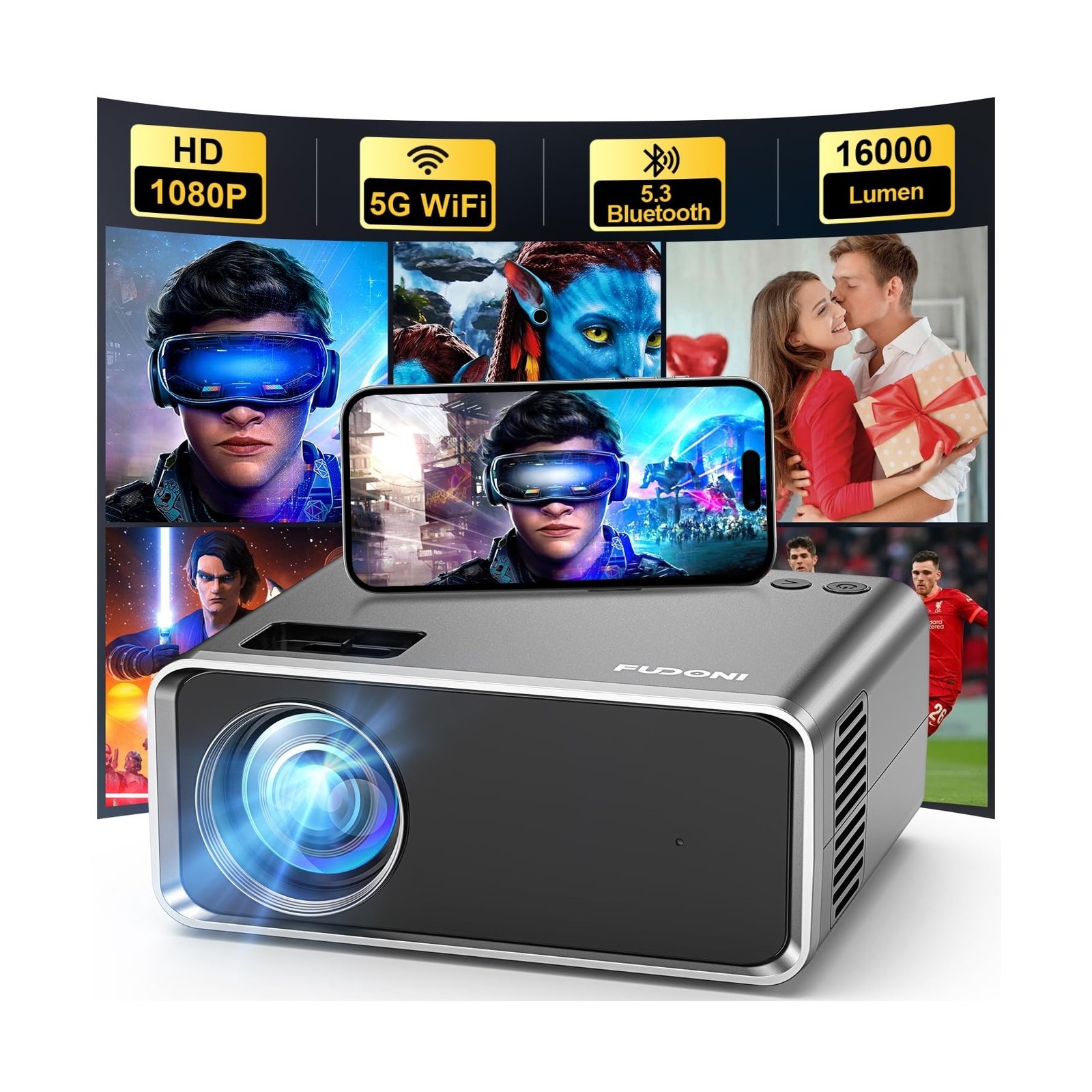 FUDONI Projector with WiFi and Bluetooth 4K Supported, Upgraded 16000L Outdoo...