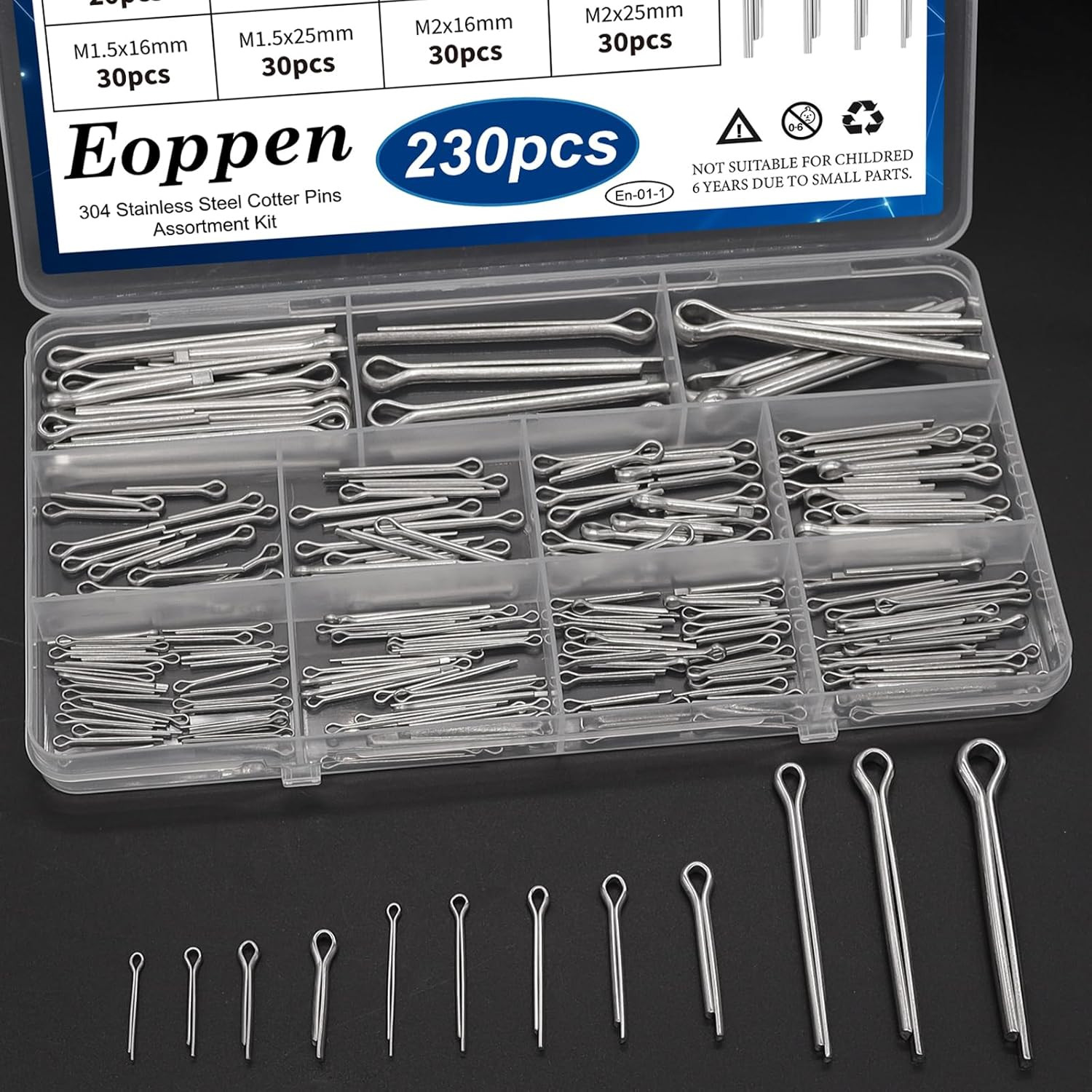 230Pcs Cotter Pin Assortment Kit - 304 Stainless Steel 12 Sizes Cotter Pin Set f