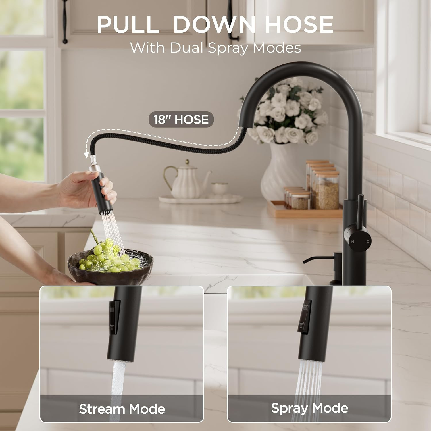 Black Kitchen Faucet with Pull-Down Sprayer & 5 Waterfall Modes