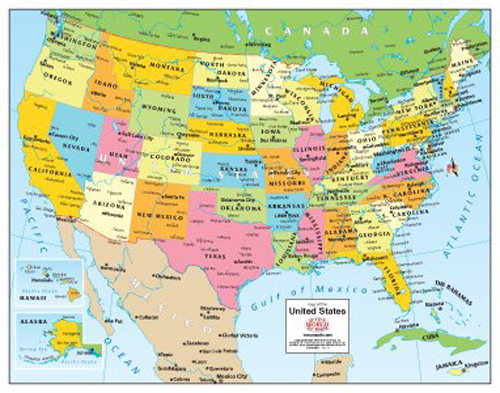 Wide World Maps United States Desktop Map 14"x11" Laminated *Capital Cities*
