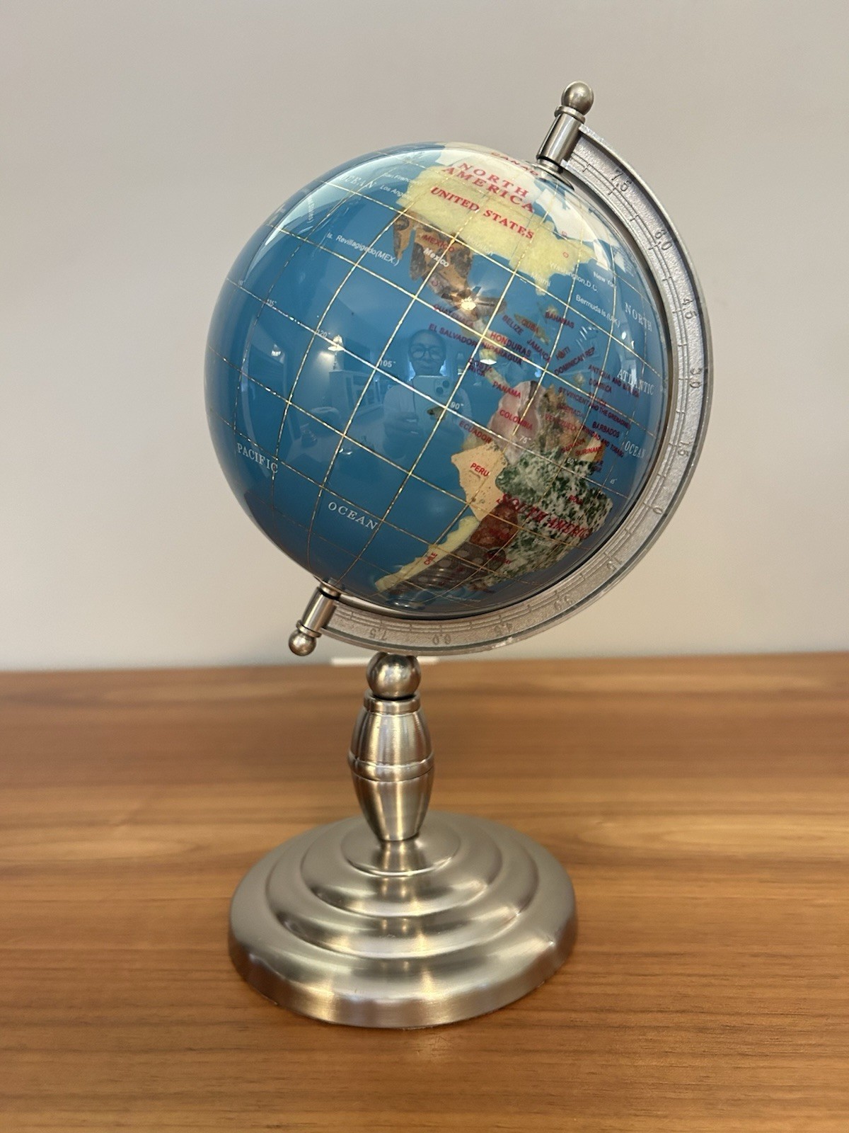 Desk Top Globe Dark Blue Lapis Luzuli & Gemstone Countries Silver Base 11"