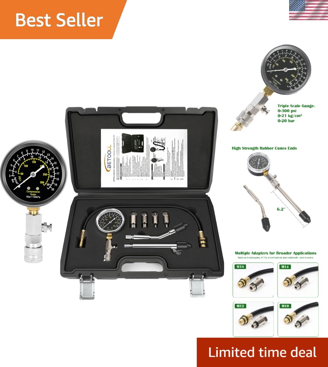 Professional 8-Piece Engine Compression Testing Kit with Triple Range Gauge