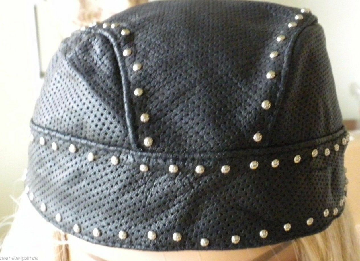 Genuine Leather Unisex Bandanna Motorcycle Cap Vented