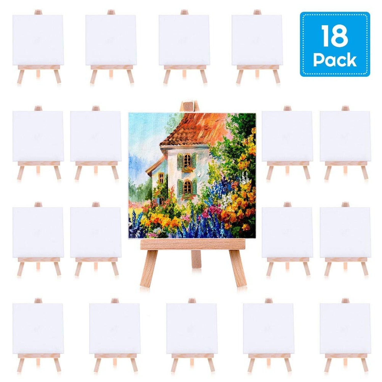 Mini Canvases 18 Pack, Cridoz Small Painting Canvas with Mini Easel 4x4 Inche...
