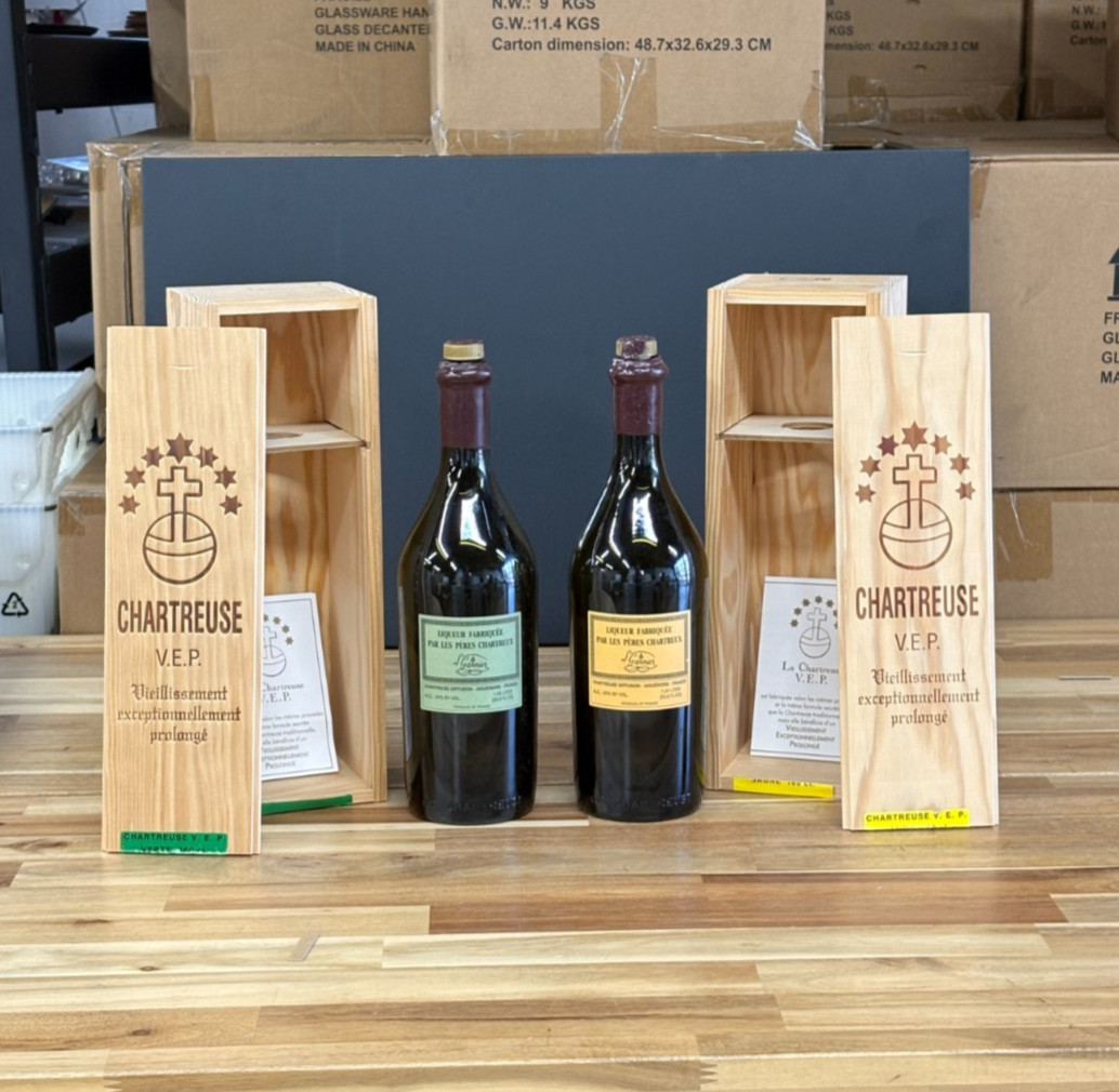 Pair of Chartreuse V.E.P. Empty Bottles + Boxes - Green & Yellow Liquor
