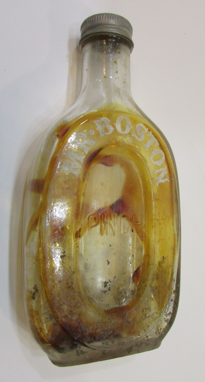 Empty Vintage 1950's Mr. Boston Pinch 7" Tall Glass Bottle w Screw Lid