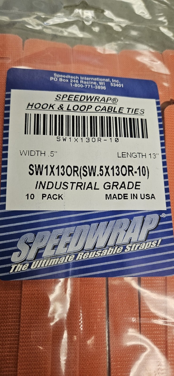 SpeedWrap SWMT1X13OR-10 13in x .5in Orange Hook & Loop Cable Ties- pack of 10