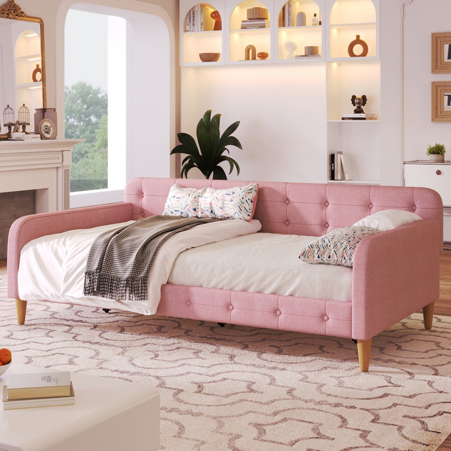 Twin/Full Size Daybed Upholstered Bed Frame Sofa Bed with 4 Leg Beige/Rubine
