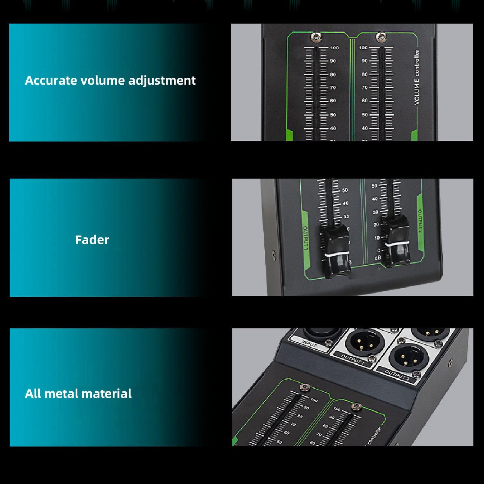 Passive Monitor Volume Controller, XLR 1 Input 2 Output Stereo black