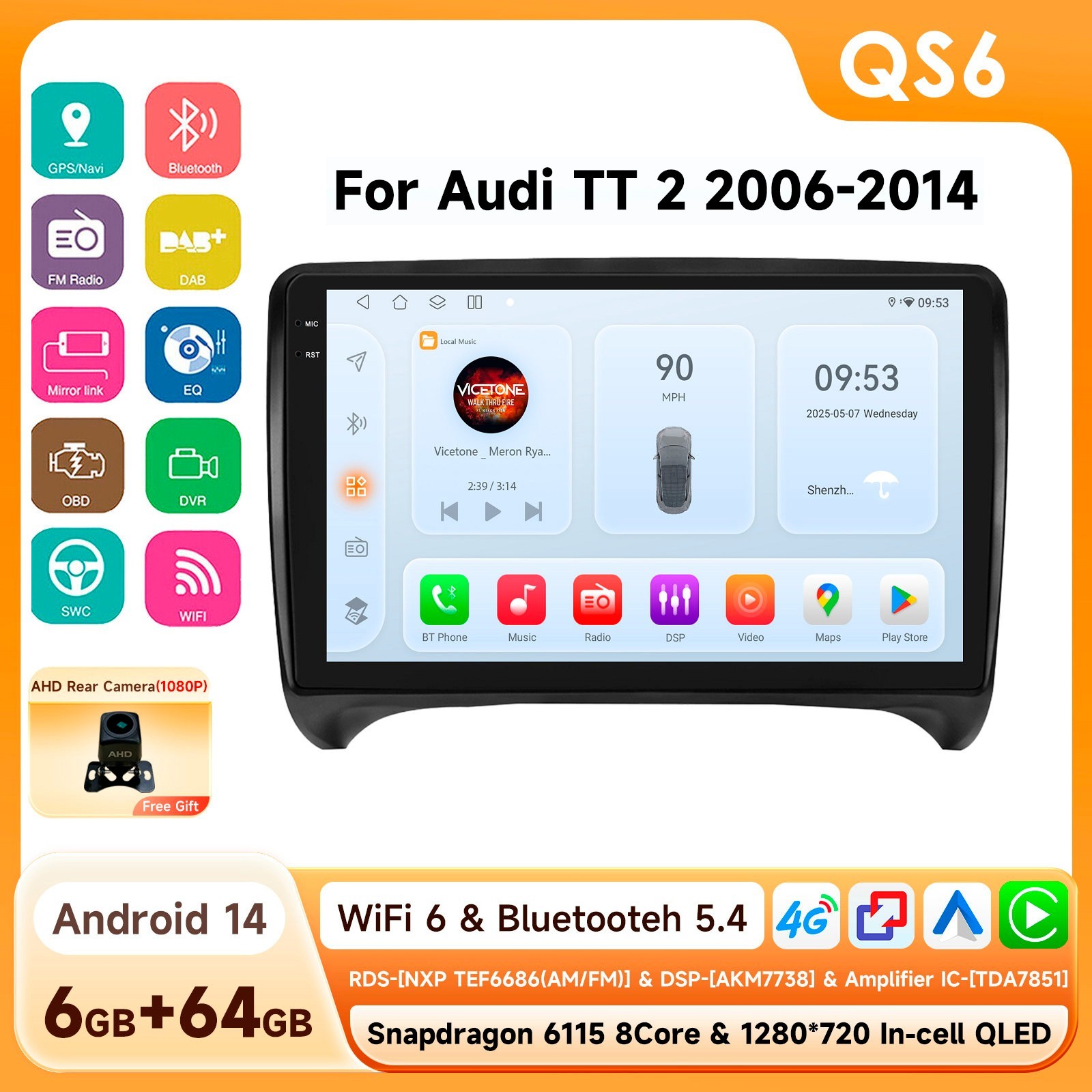 6+64GBAndroid 14 Carplay For Audi TT MK2 2008-2014 Car Radio GPS Navi Stereo SWC