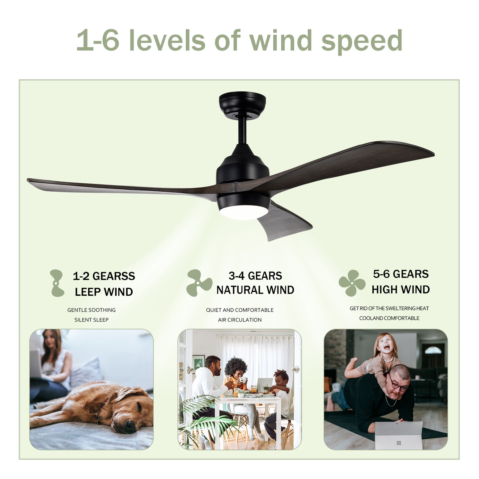 52"Solid Wood Blades Ceiling Fan Lights Remote Control,Quiet DC Motor 3 Blade