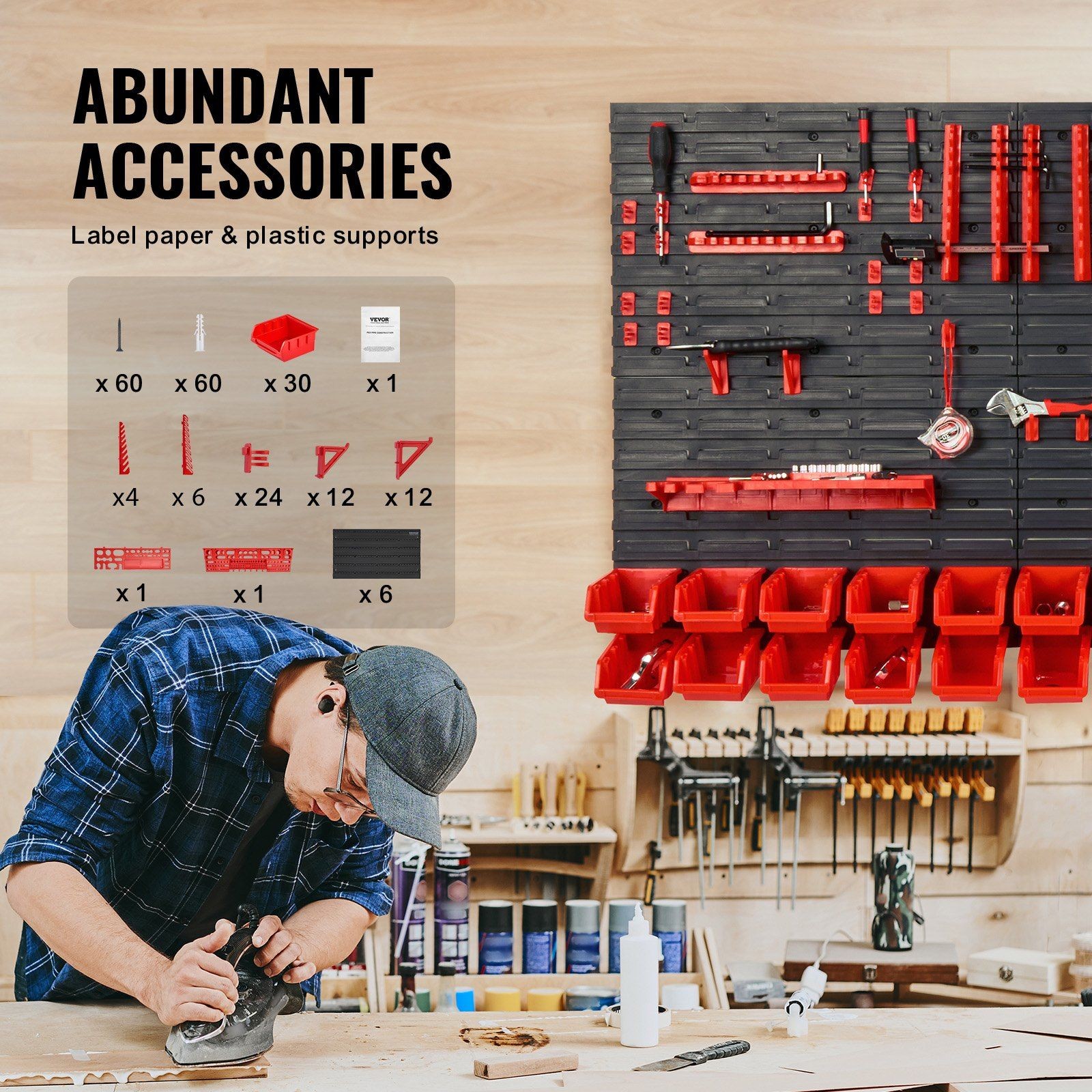 30-Bin Wall-Mounted PP Parts Organizer w/ Panel & Hooks