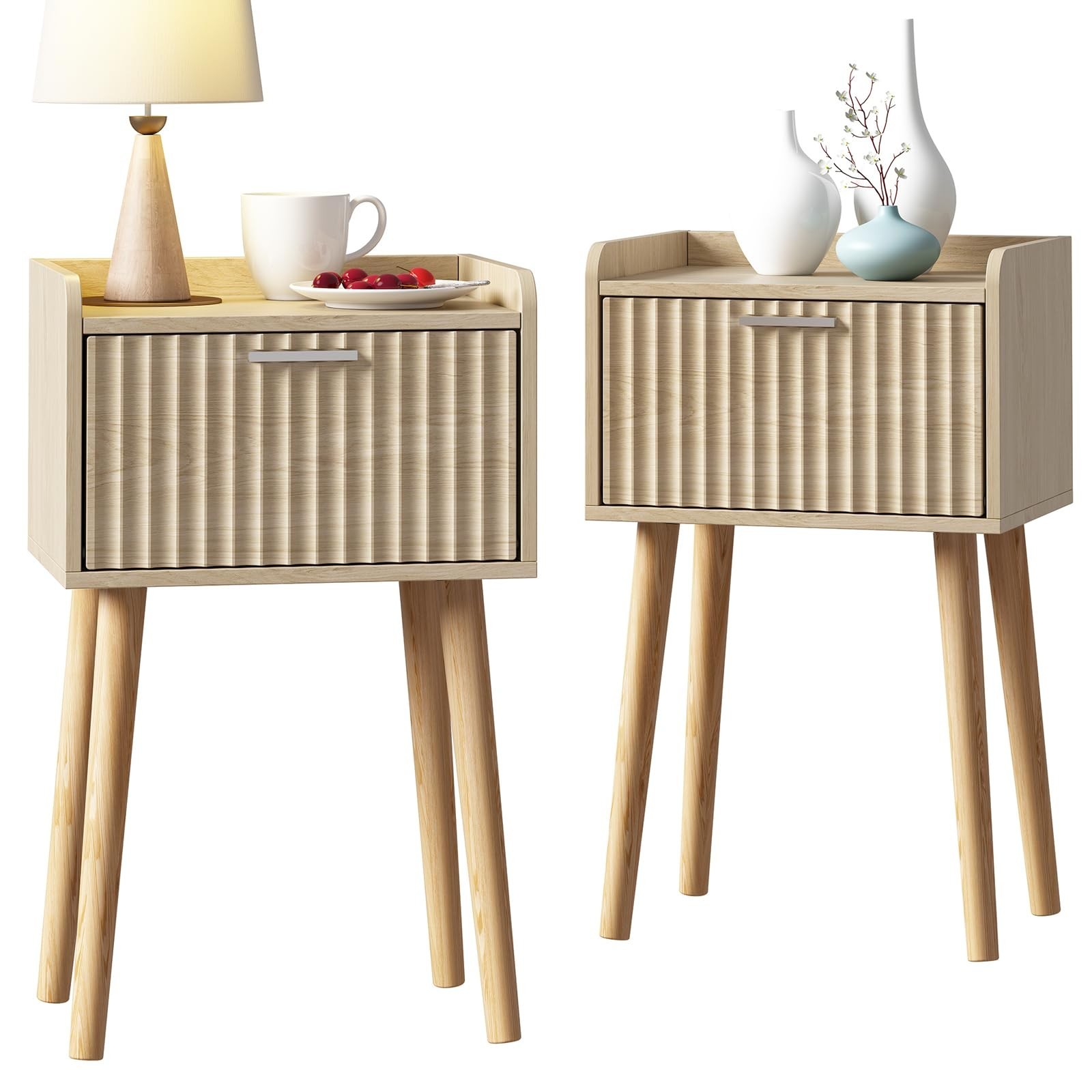 LAATOOREE Nightstand Set of 2 Small Bed Side Table Fluted Door