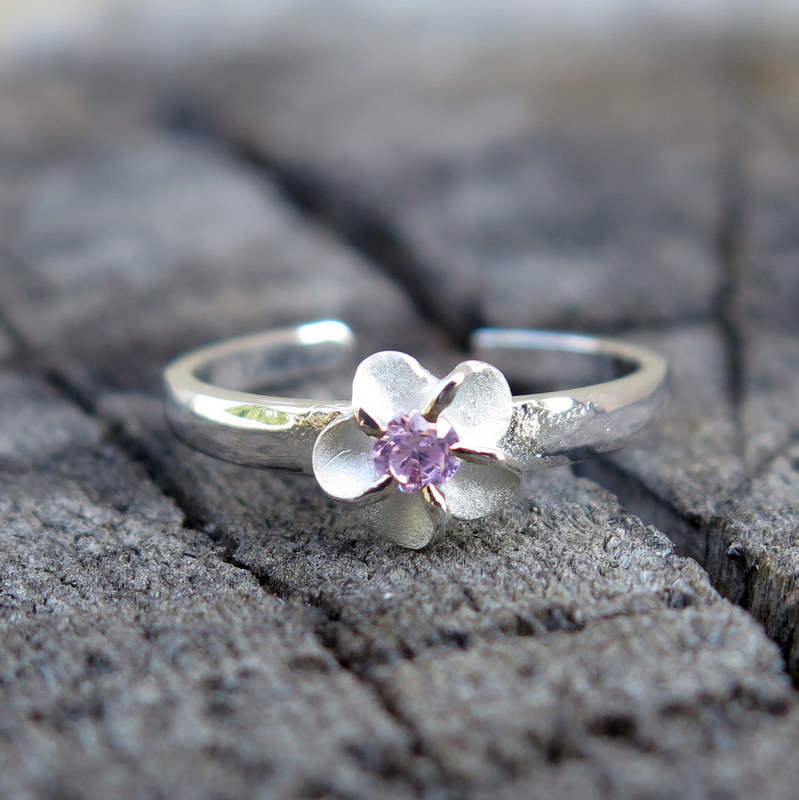 Hawaii Jewelry 925 Sterling Silver Plumeria Flower Pink CZ Toe Ring 4mm TR1012
